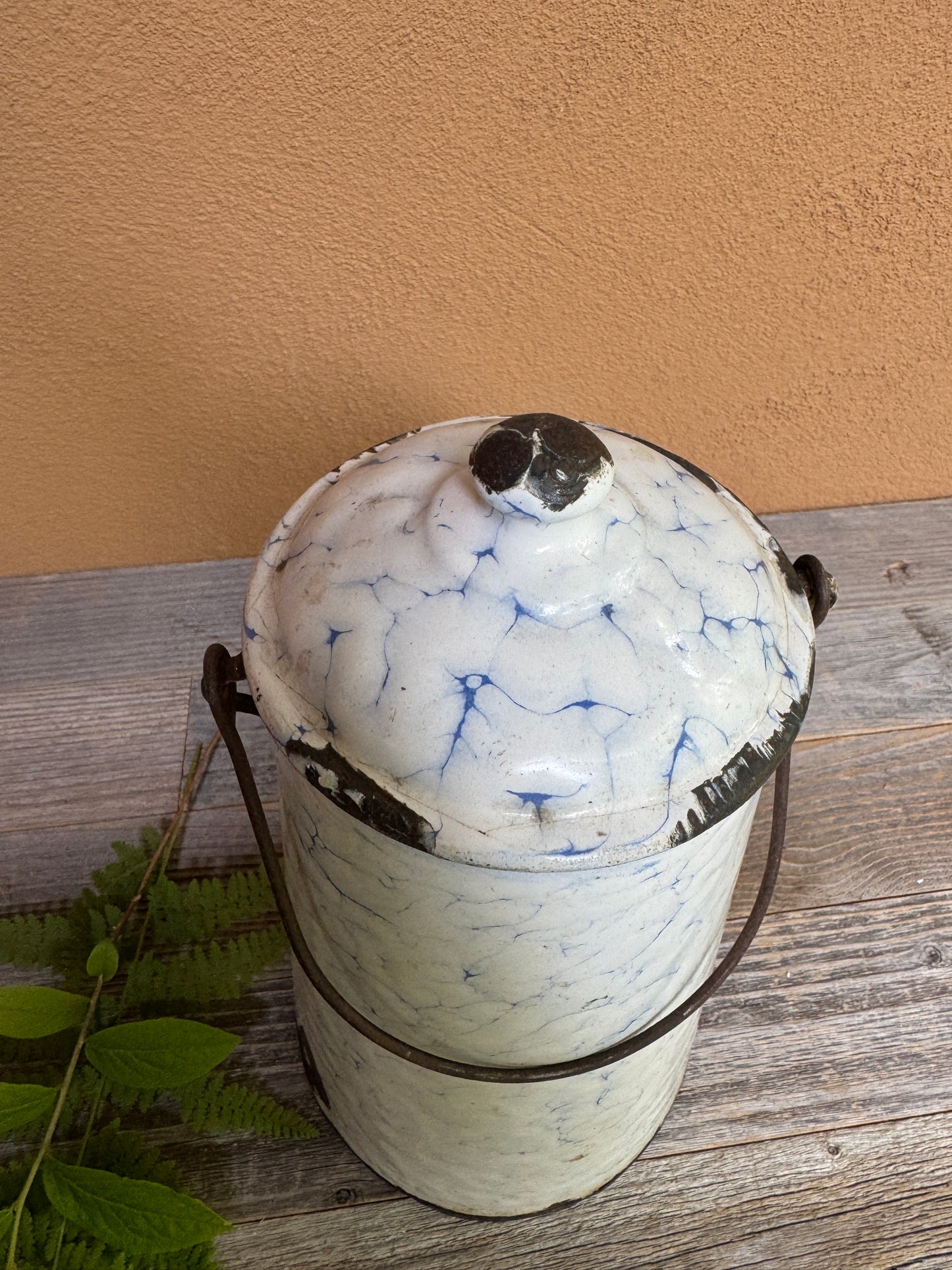 Antique French Graniteware Pot | White & Blue Enamel Canister with Lid and Handle