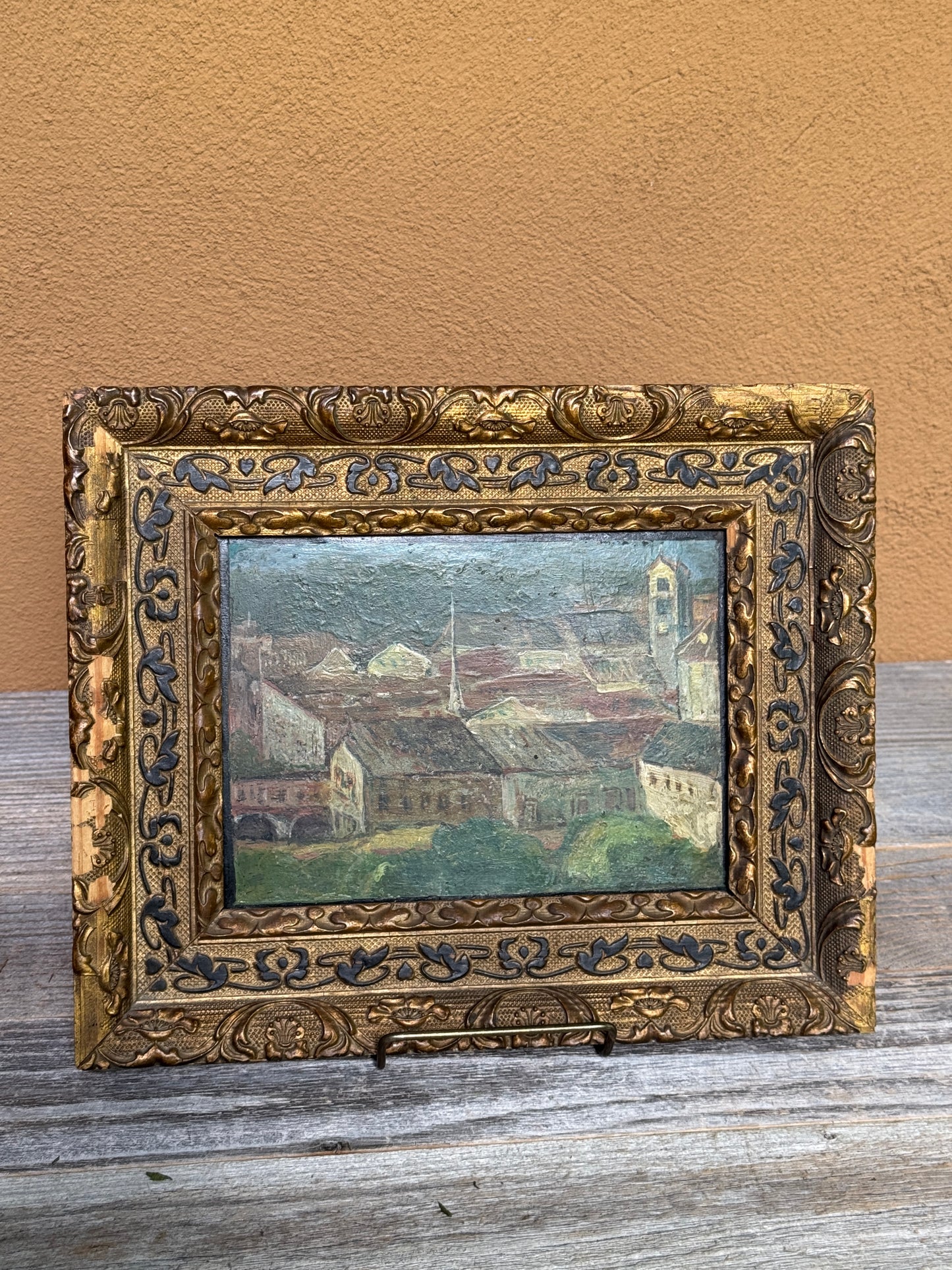 French Village Oil Painting on Metal Panel Ornate Frame