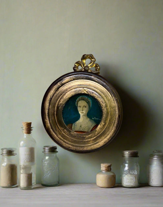 Miniature French Portrait in Gilded Gold Round Frame