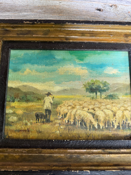 Vintage French Pastoral Painting with Sheep and Shepherd- Signed Painting