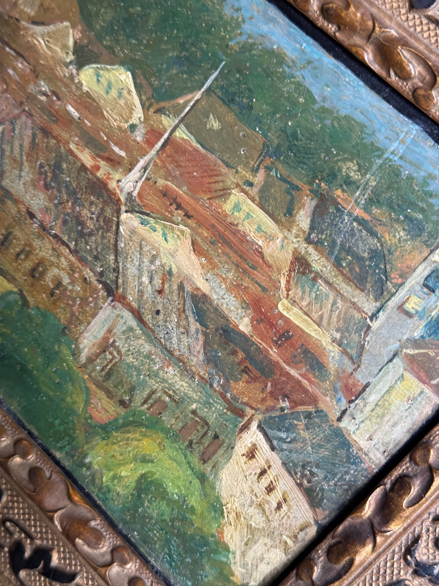 French Village Oil Painting on Metal Panel Ornate Frame