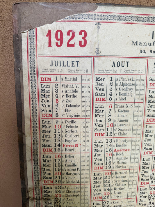 Antique 1923 French Calendar | Imprimerie Burlet Paris | Ephemera Wall Chart