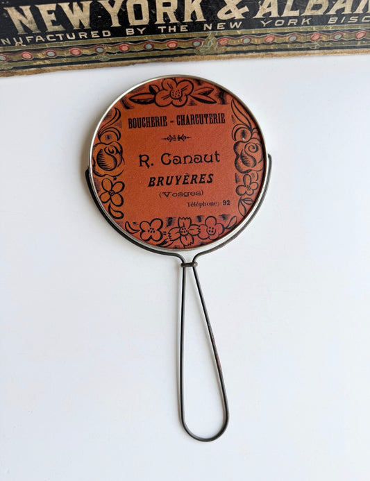 Vintage French Hand Mirror with Boucherie Advertising