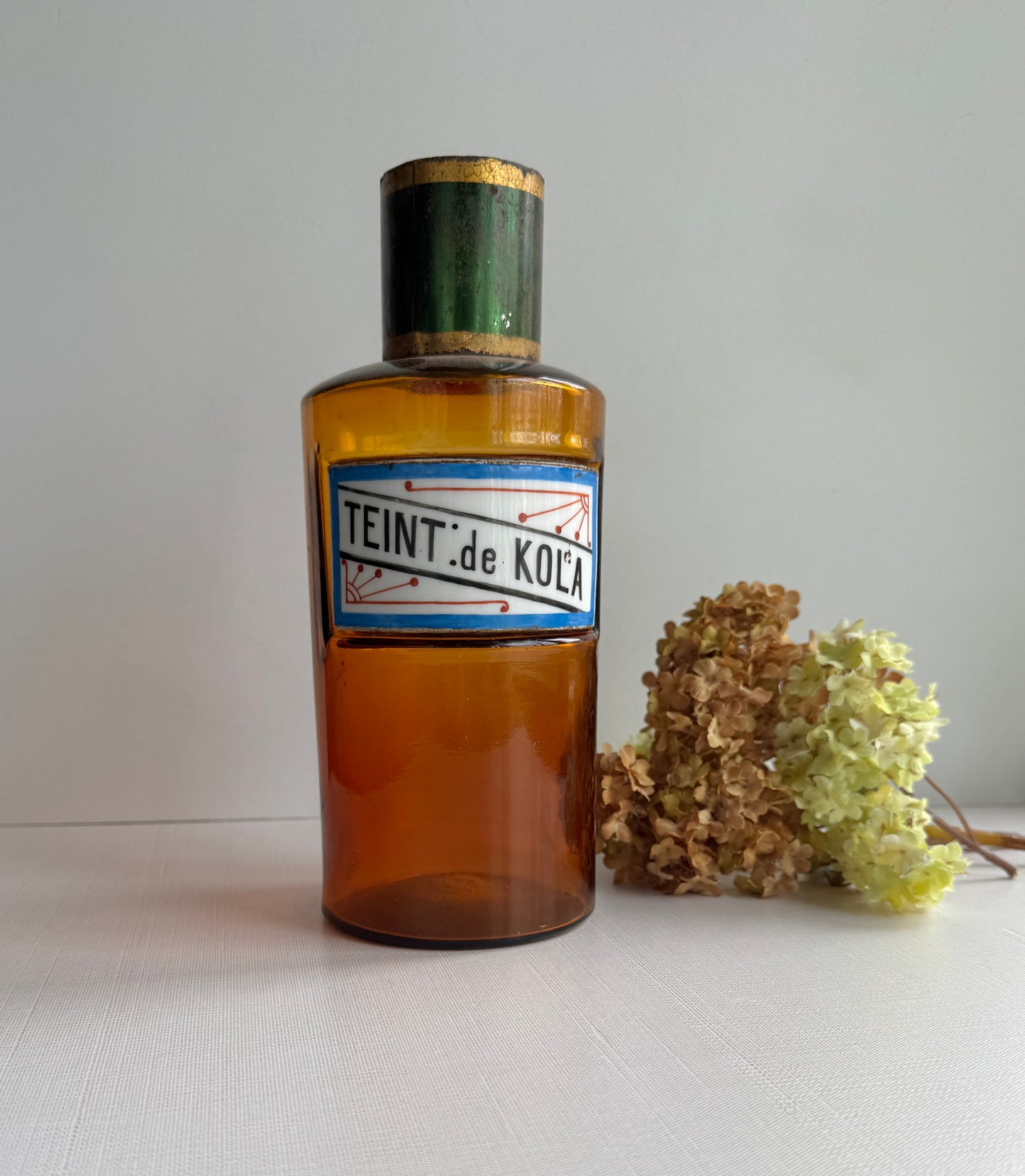 Antique French Apothecary Bottle, Amber Colored Glass, Porcelain Label