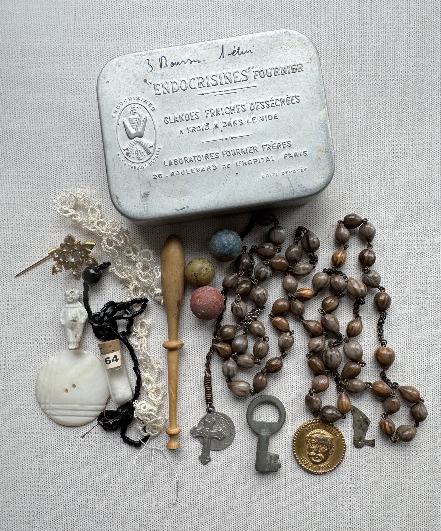 Antique French Curio Tin, Rosary, Lace, Keys, Doll, Oddities & More