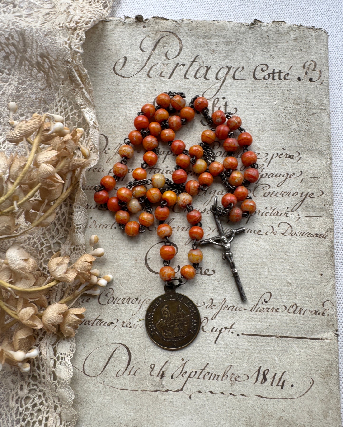 Antique French Rosary with Coral Colored Beads & Medal