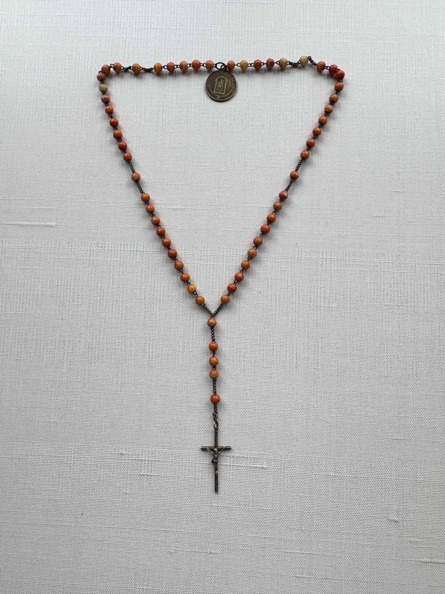 Antique French Rosary with Coral Colored Beads & Medal