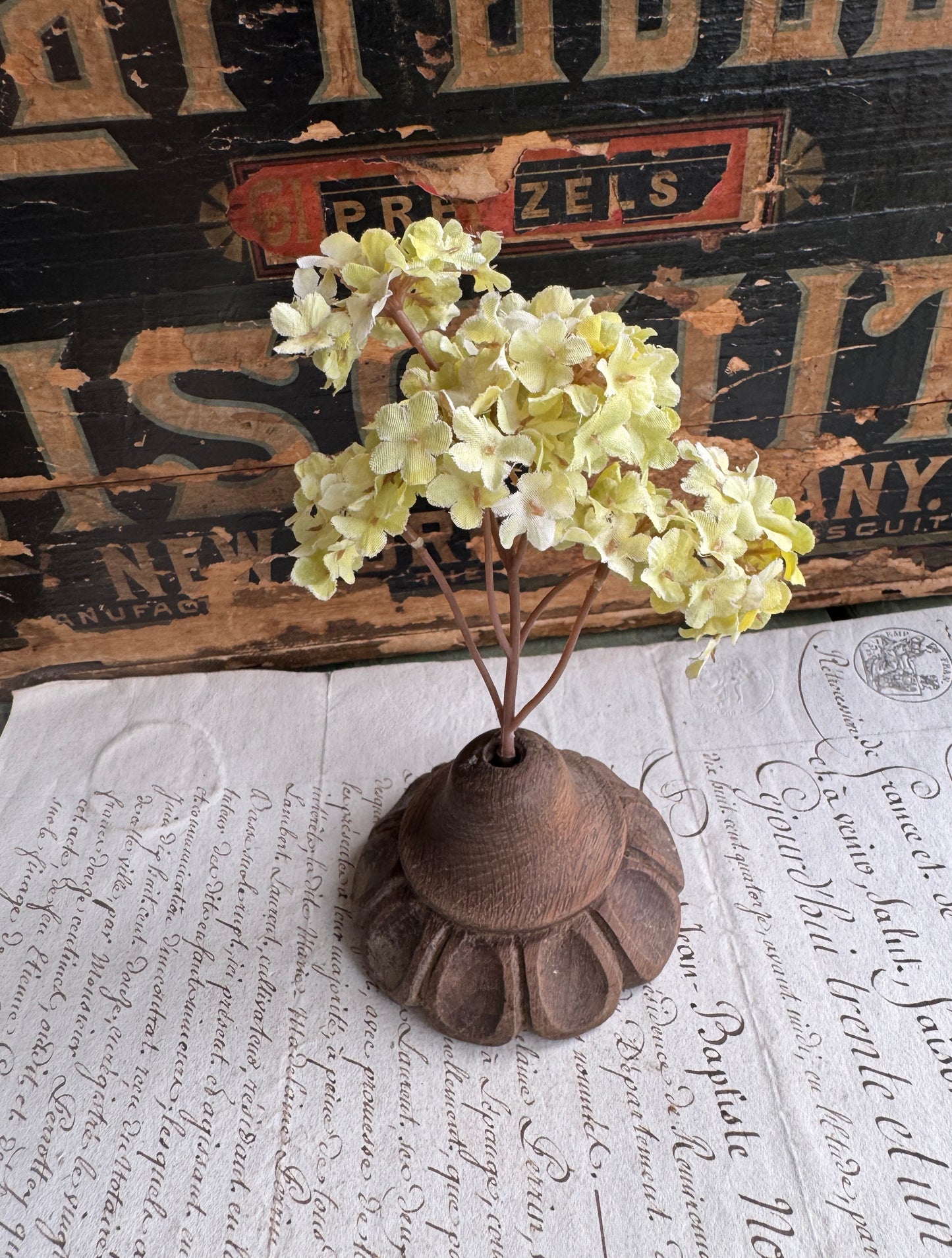 Antique Hand-Carved Wooden Finial with Petal Design