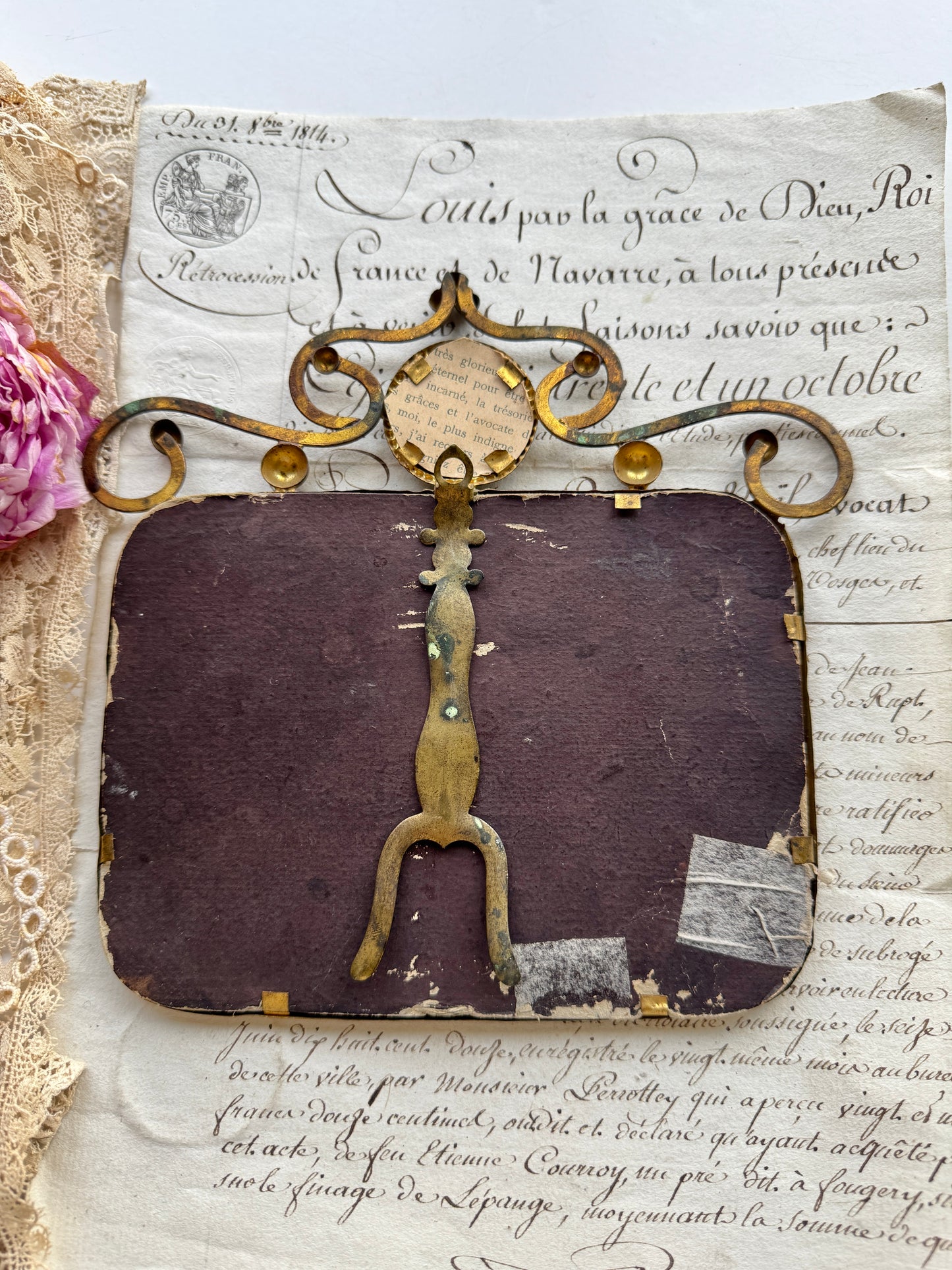 Antique French Mirrored Double Frame with Ornate Metalwork & Religious Image, 19th Century