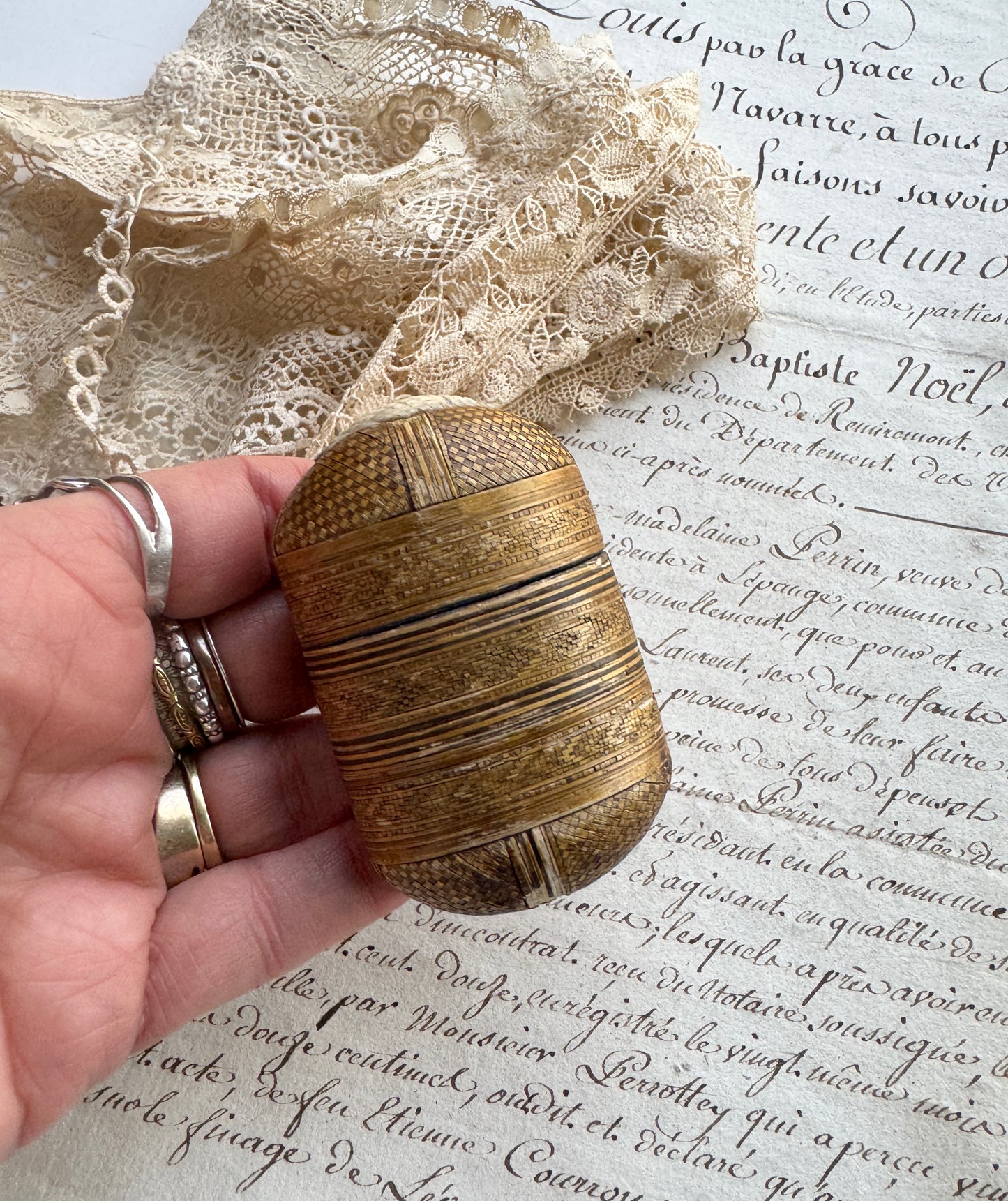 Antique Straw Work Match Vesta Case with Bone Striker- Early 19th Century France