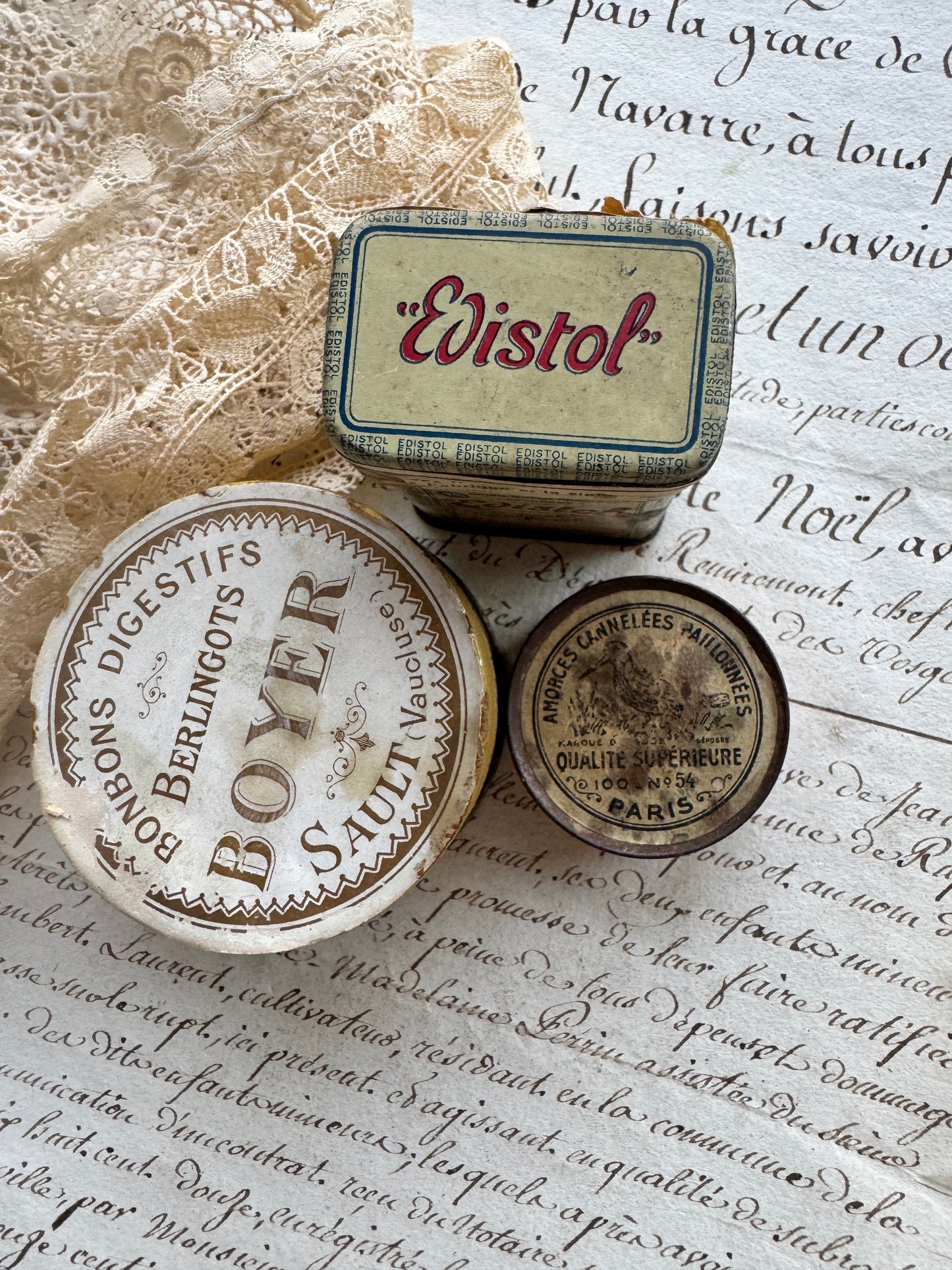 Antique French Tins, Set of 3 Apothecary Collectibles