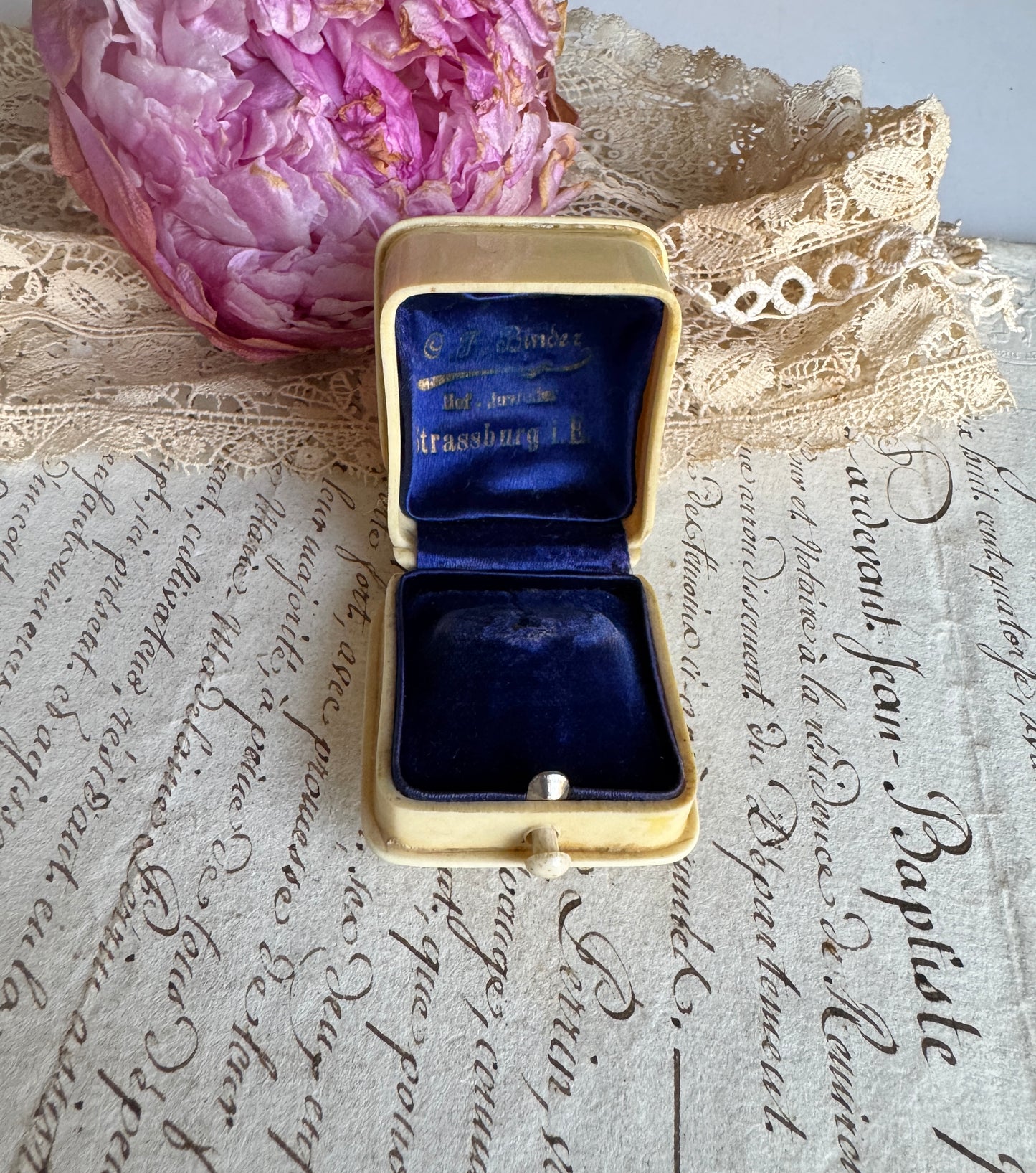 Antique French Jewelers Ring Box, C.F.Binder Strassourg Jeweler, Blue Velvet Interior, Victorian Era Keepsake