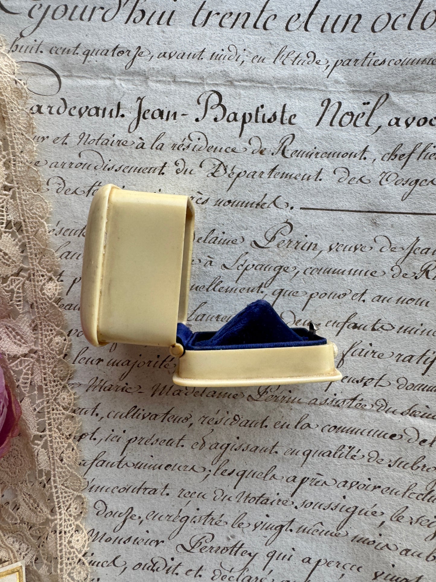 Antique French Jewelers Ring Box, C.F.Binder Strassourg Jeweler, Blue Velvet Interior, Victorian Era Keepsake