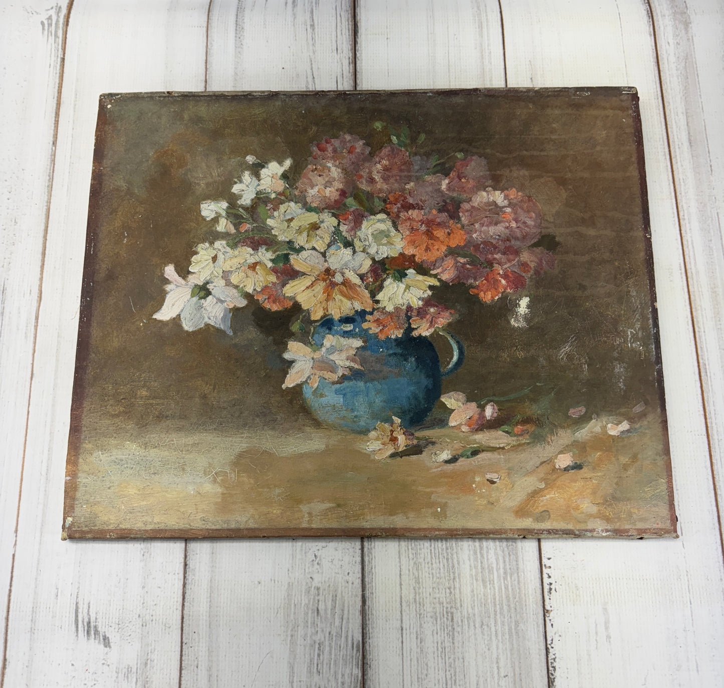Antique French Floral Painting, Still Life in Blue Pitcher