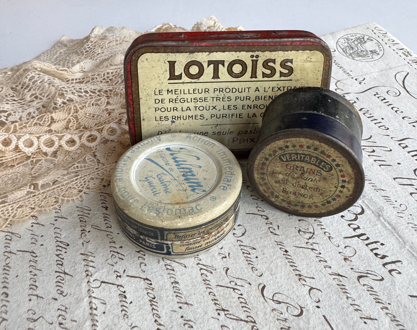 Antique French Tins, Set of 3 Apothecary Collectibles