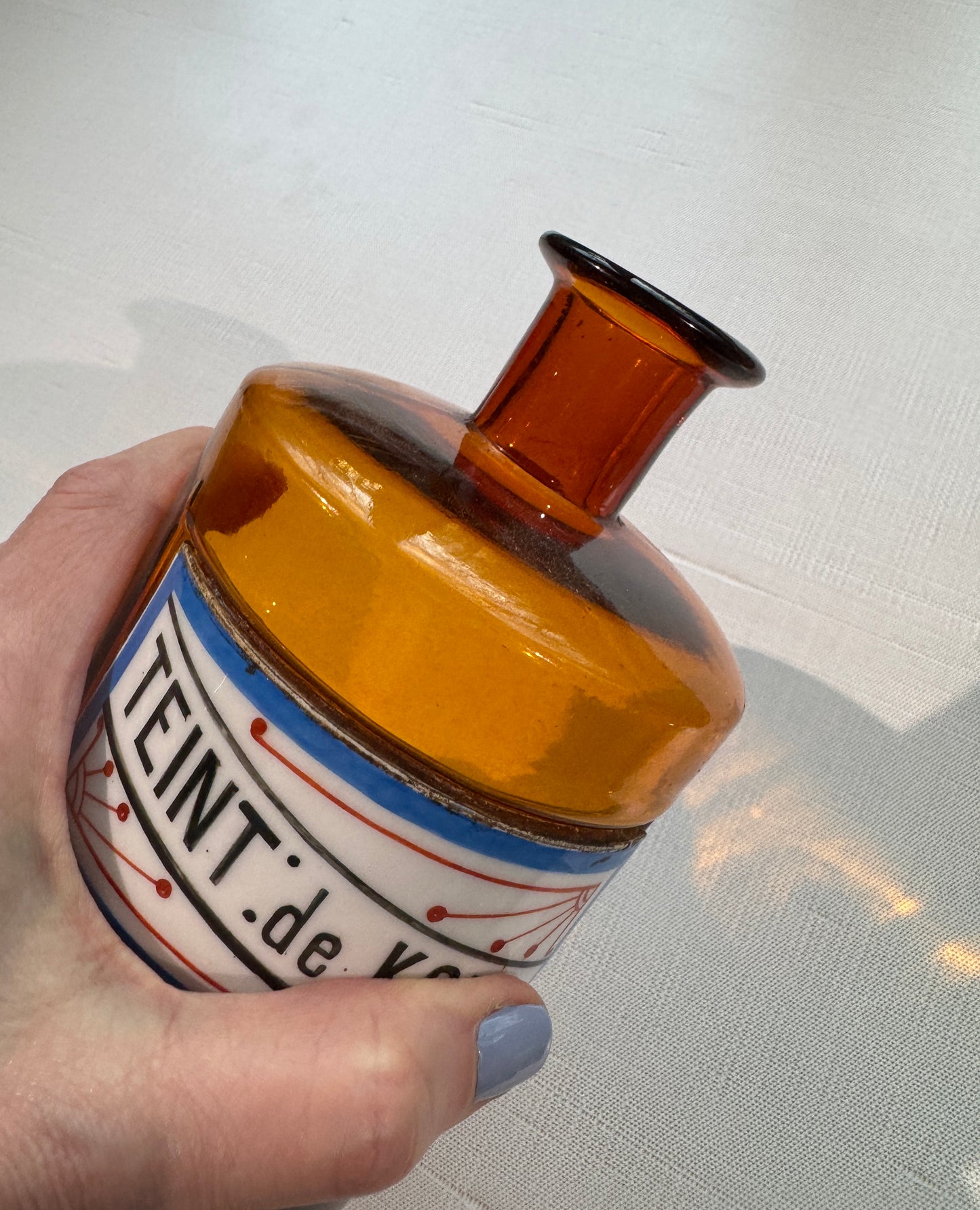 Antique French Apothecary Bottle, Amber Colored Glass, Porcelain Label