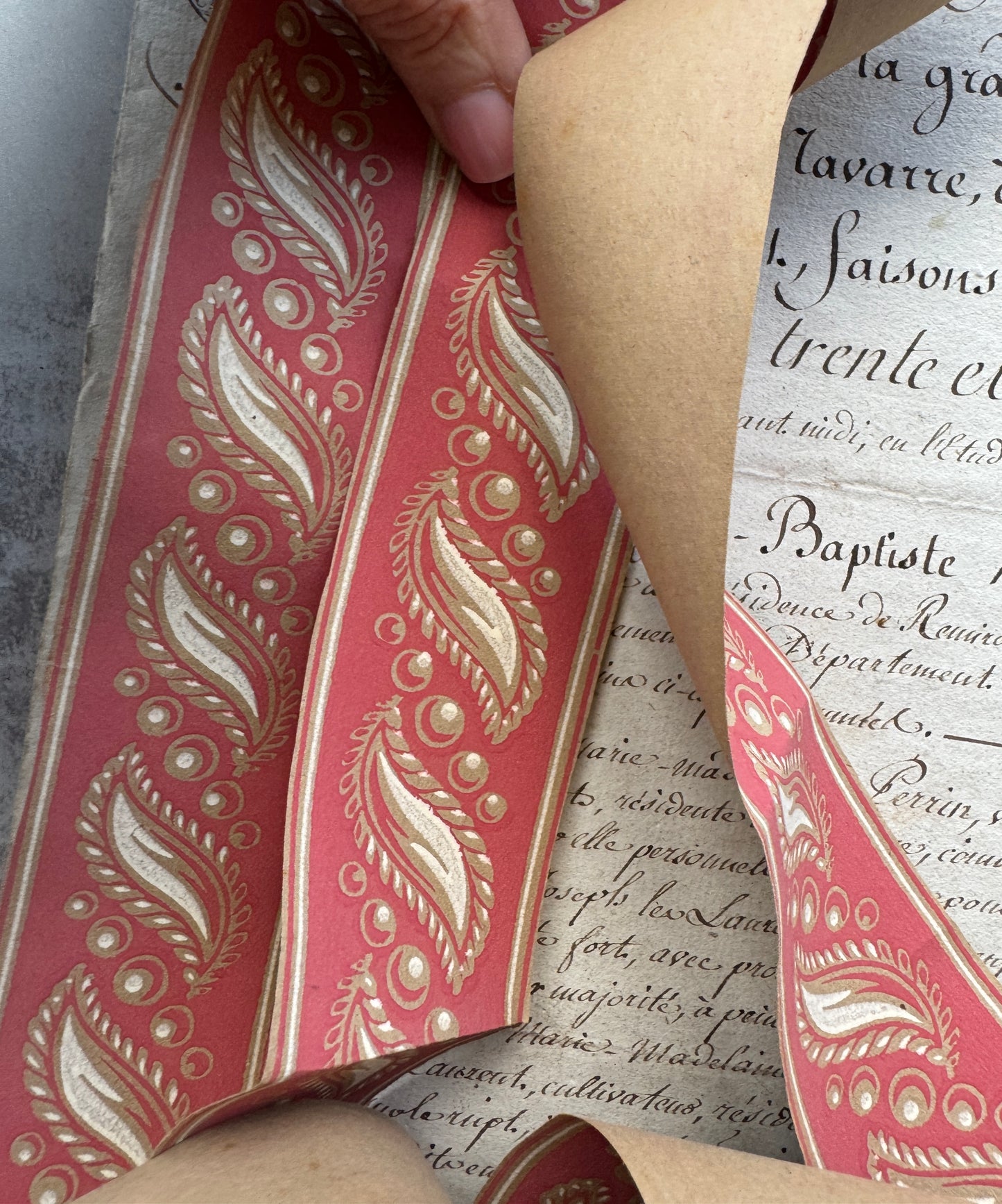 Antique French Hand, Blocked Wallpaper Border, 1800's Red & Gold Paisley Trim