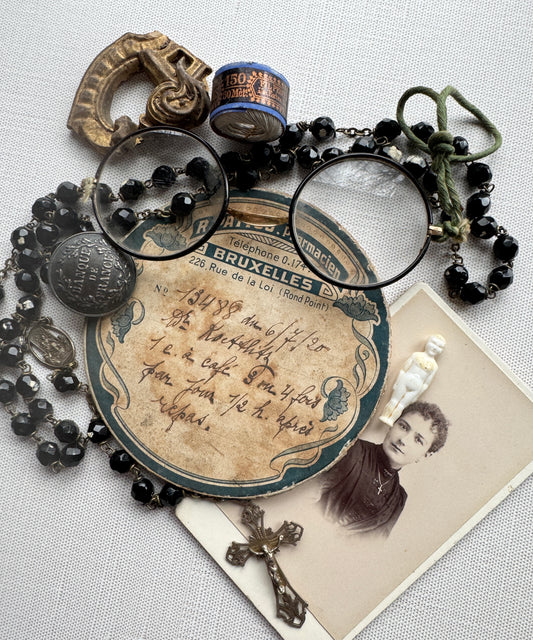 Antique French Vignette Lot, Rosary, Cabinet Card, Doll, Ephemera & More