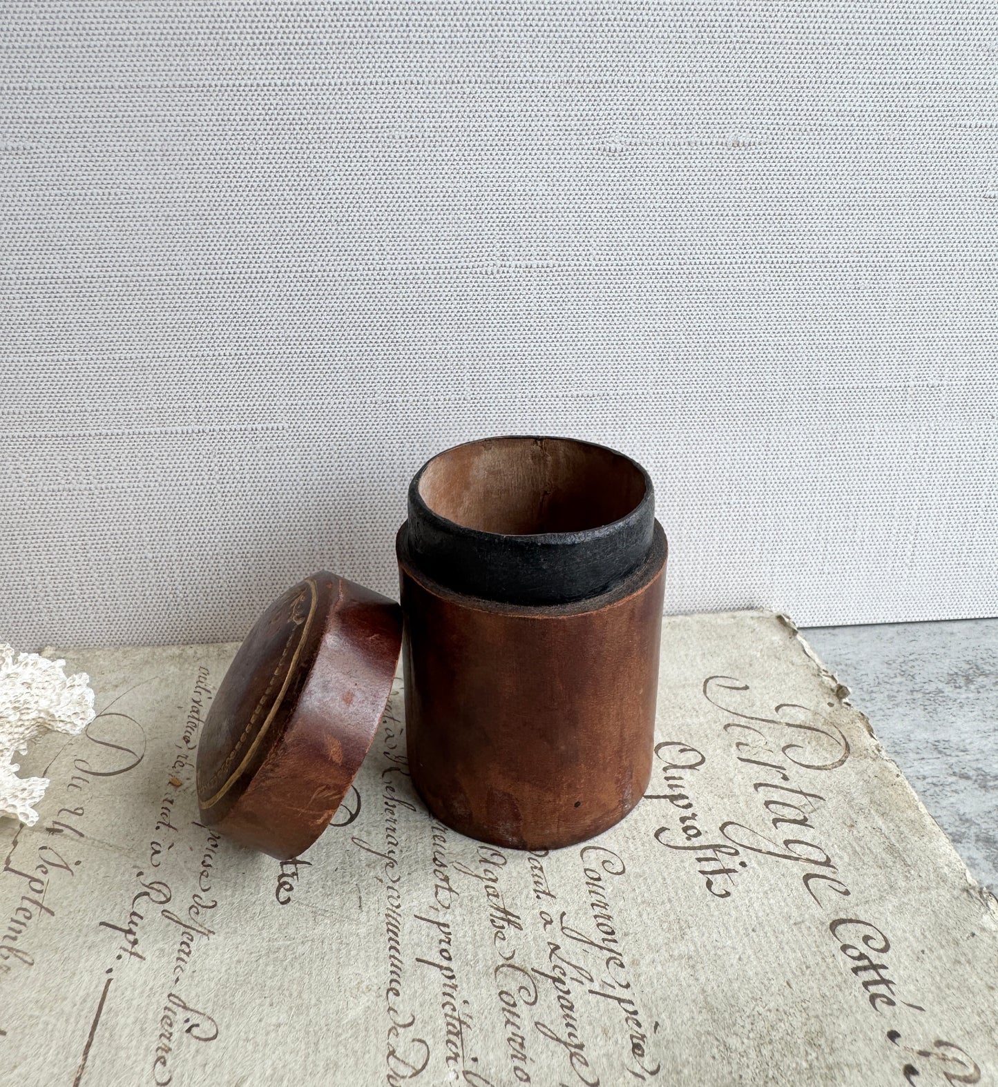 French Antique Leather Covered Wooden Snuff or Pill Box