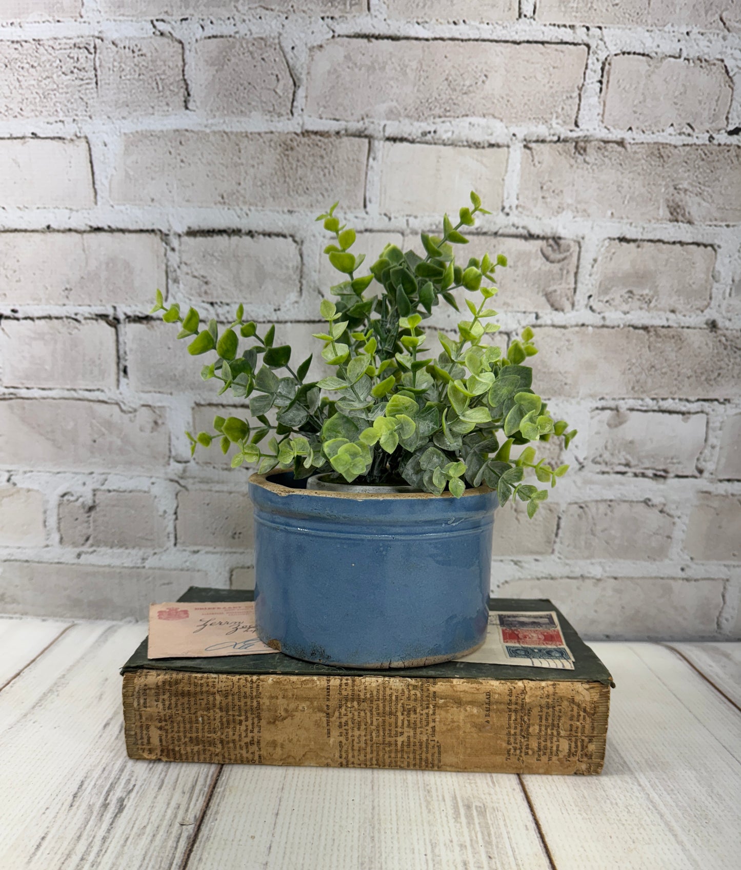 Vintage Blue Stoneware Crock, Small Rustic Glazed Pot