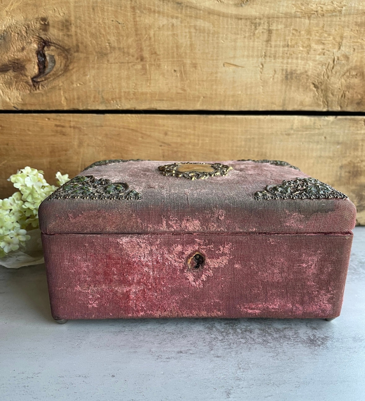 Antique French Velvet Jewelry Box with Tufted Silk Interior