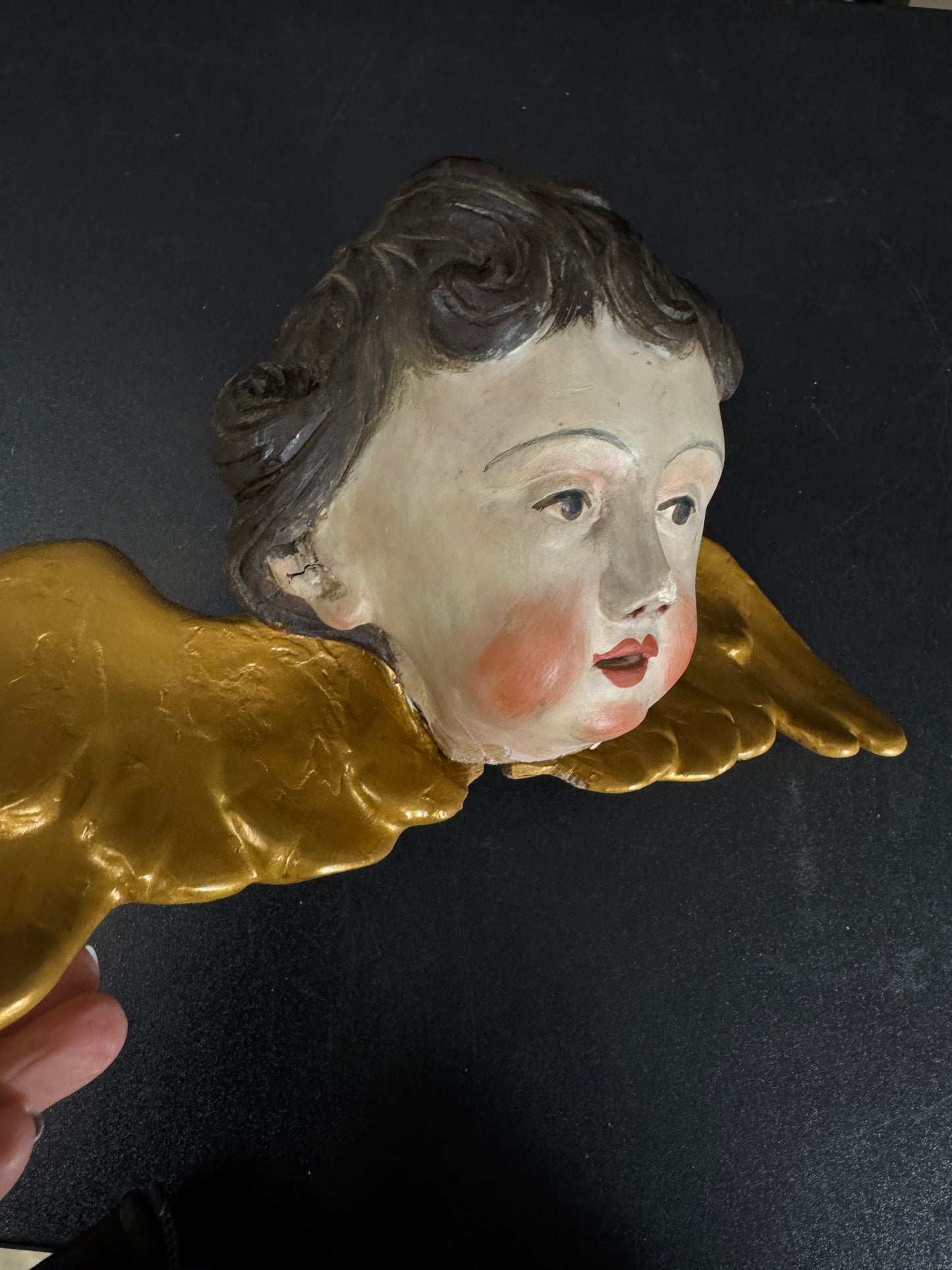 Hand-Carved Cherub Head with Gilded Wings, French Antique