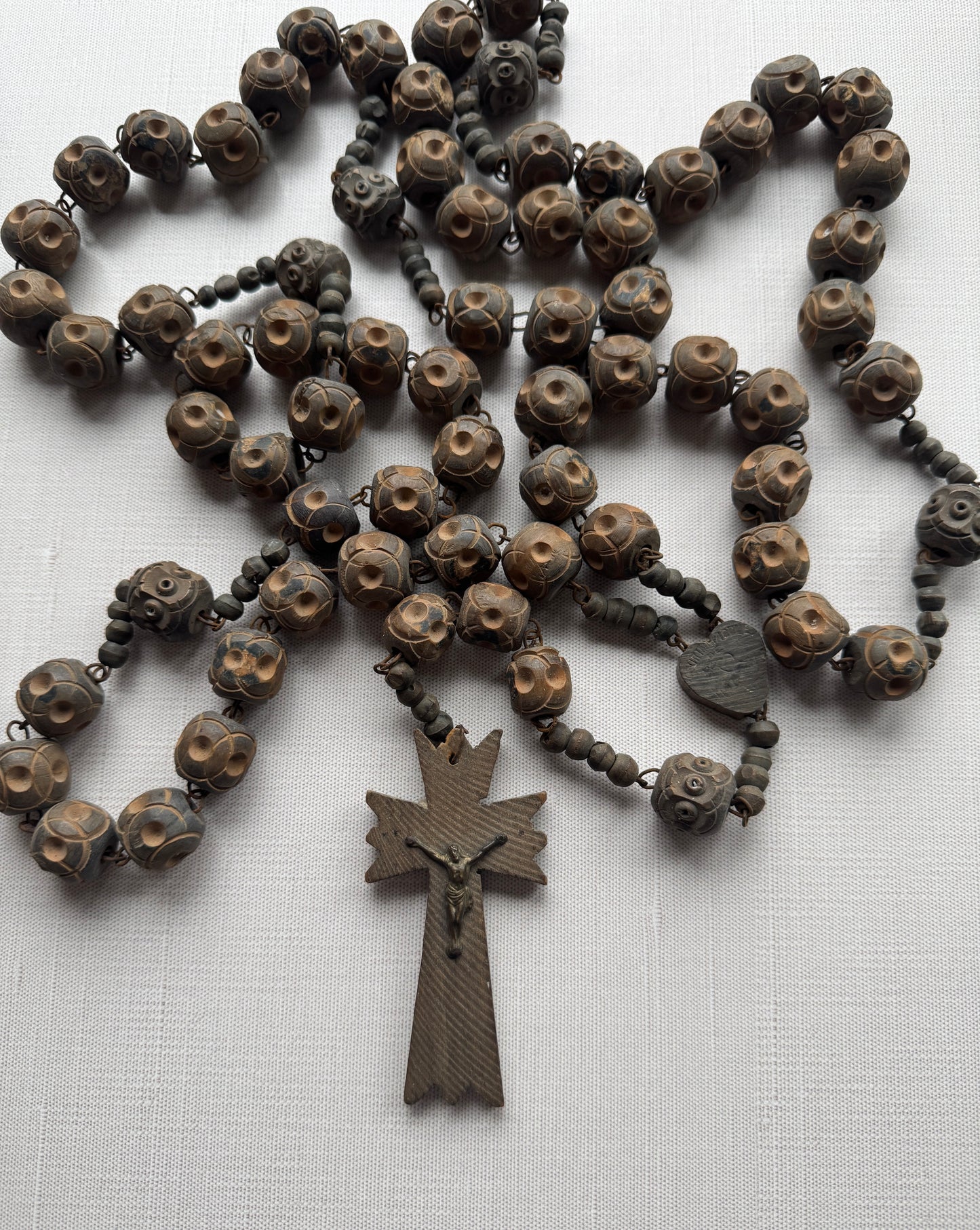 Antique French Carved Wooden Rosary, Oversized Beads & Crucifix