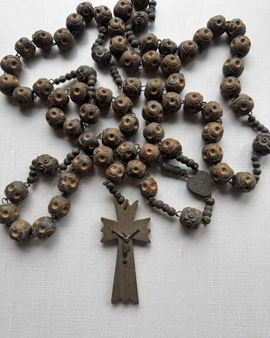 Antique French Carved Wooden Rosary, Oversized Beads & Crucifix