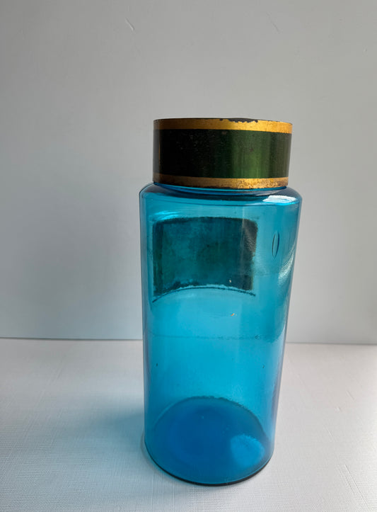 Antique Blue Chemist Jar with Lid, 19th Century Large Blown Glass Container, Porcelain Label