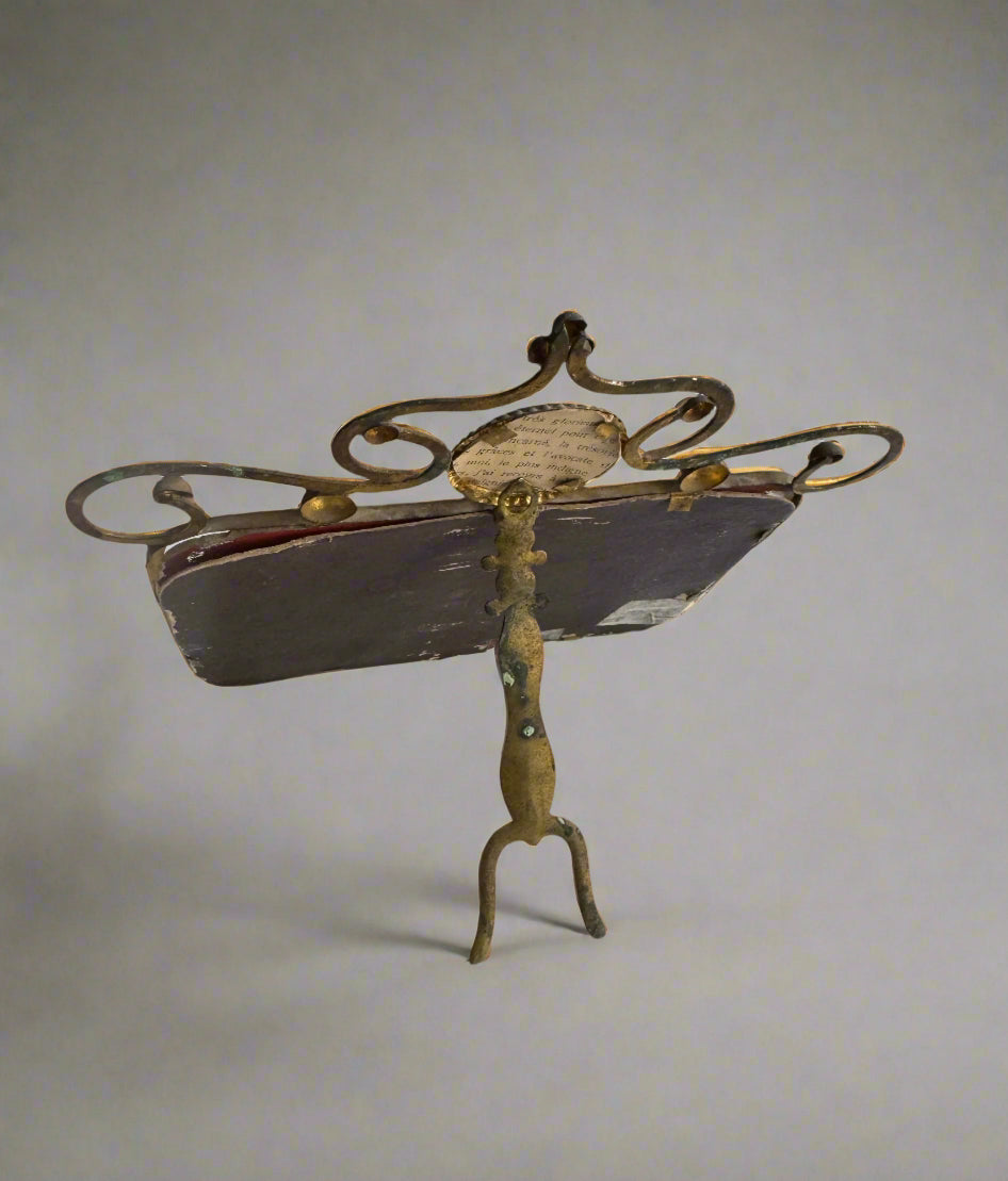 Antique French Mirrored Double Frame with Ornate Metalwork & Religious Image, 19th Century