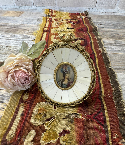 Antique French Hand-Painted Portrait in Oval Bone Frame