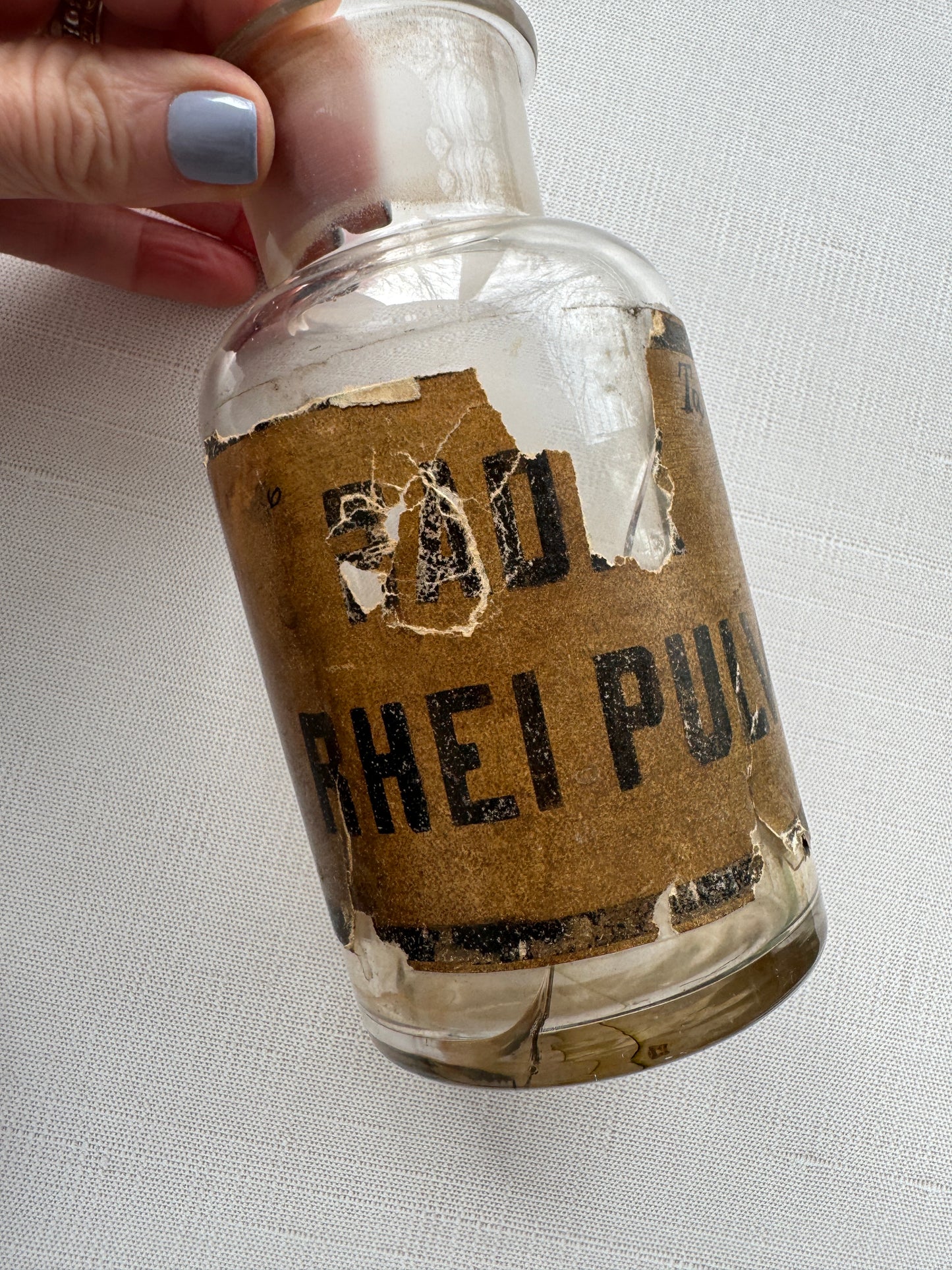 Antique Apothecary Jar – RHEI PULV Glass Bottle with Worn Label