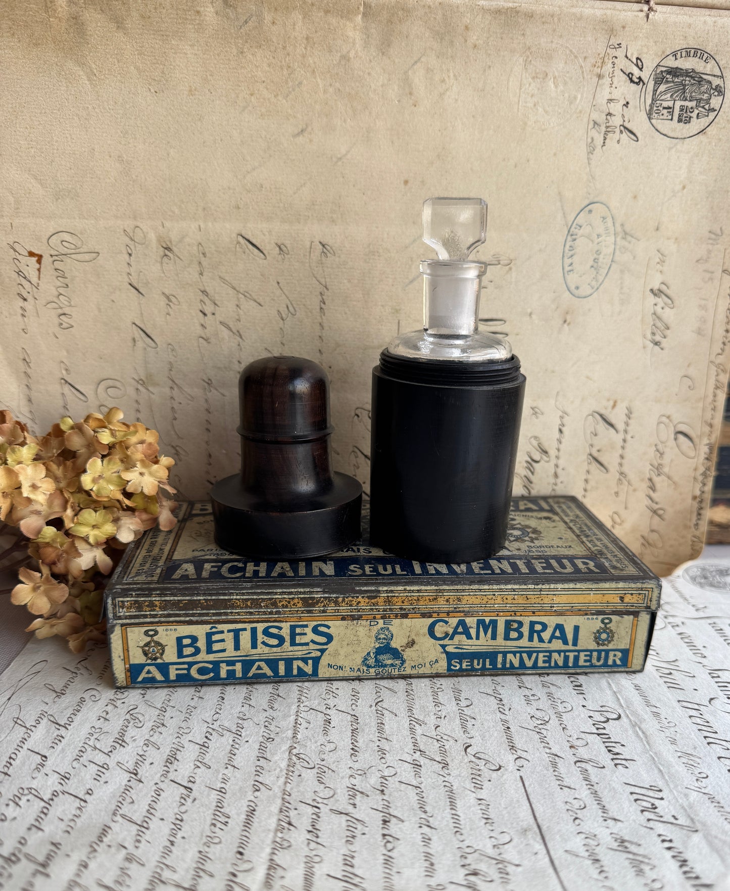 Antique Glass Apothecary Bottle in Ebony Wood Travel Case