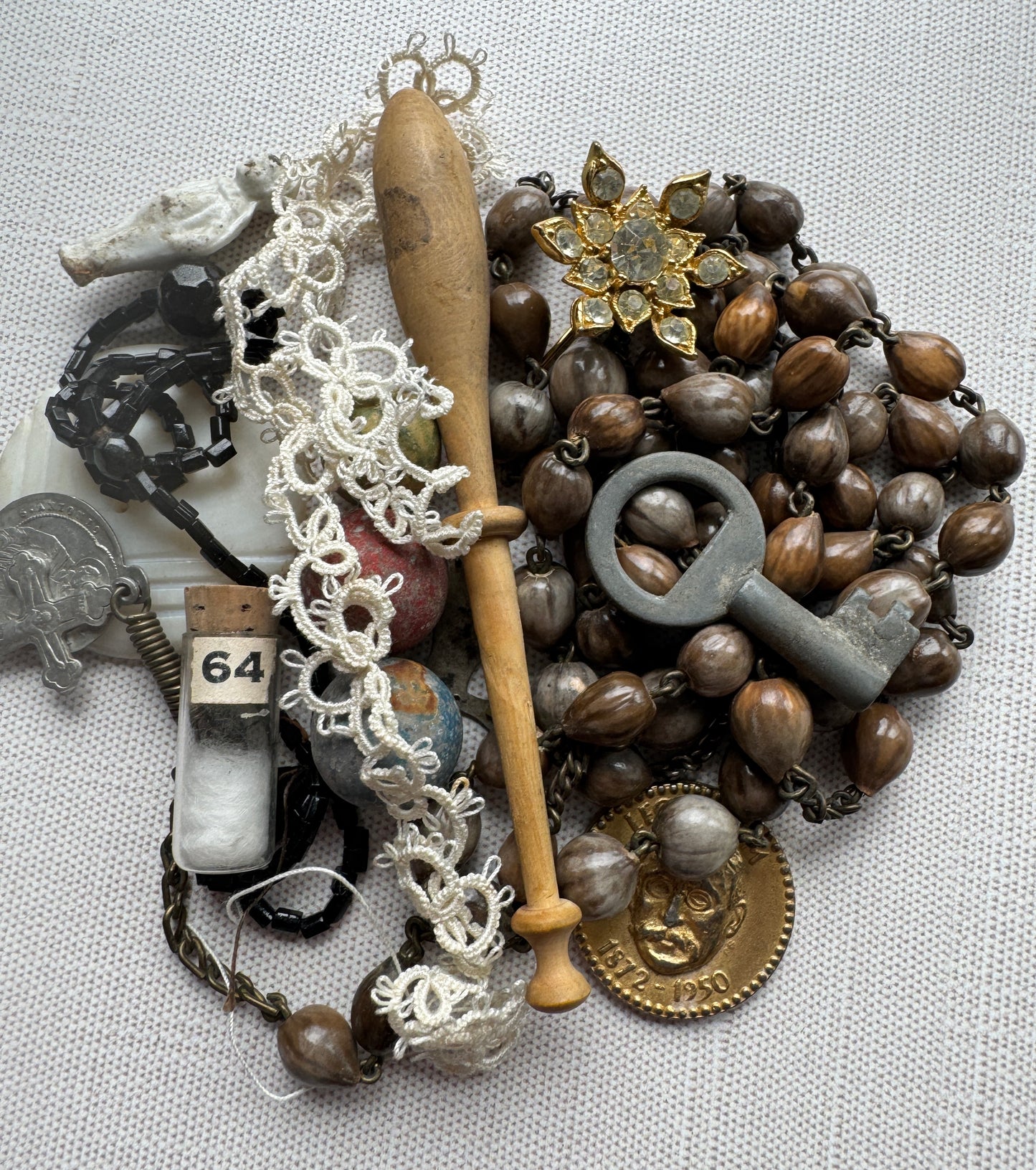 Antique French Curio Tin, Rosary, Lace, Keys, Doll, Oddities & More