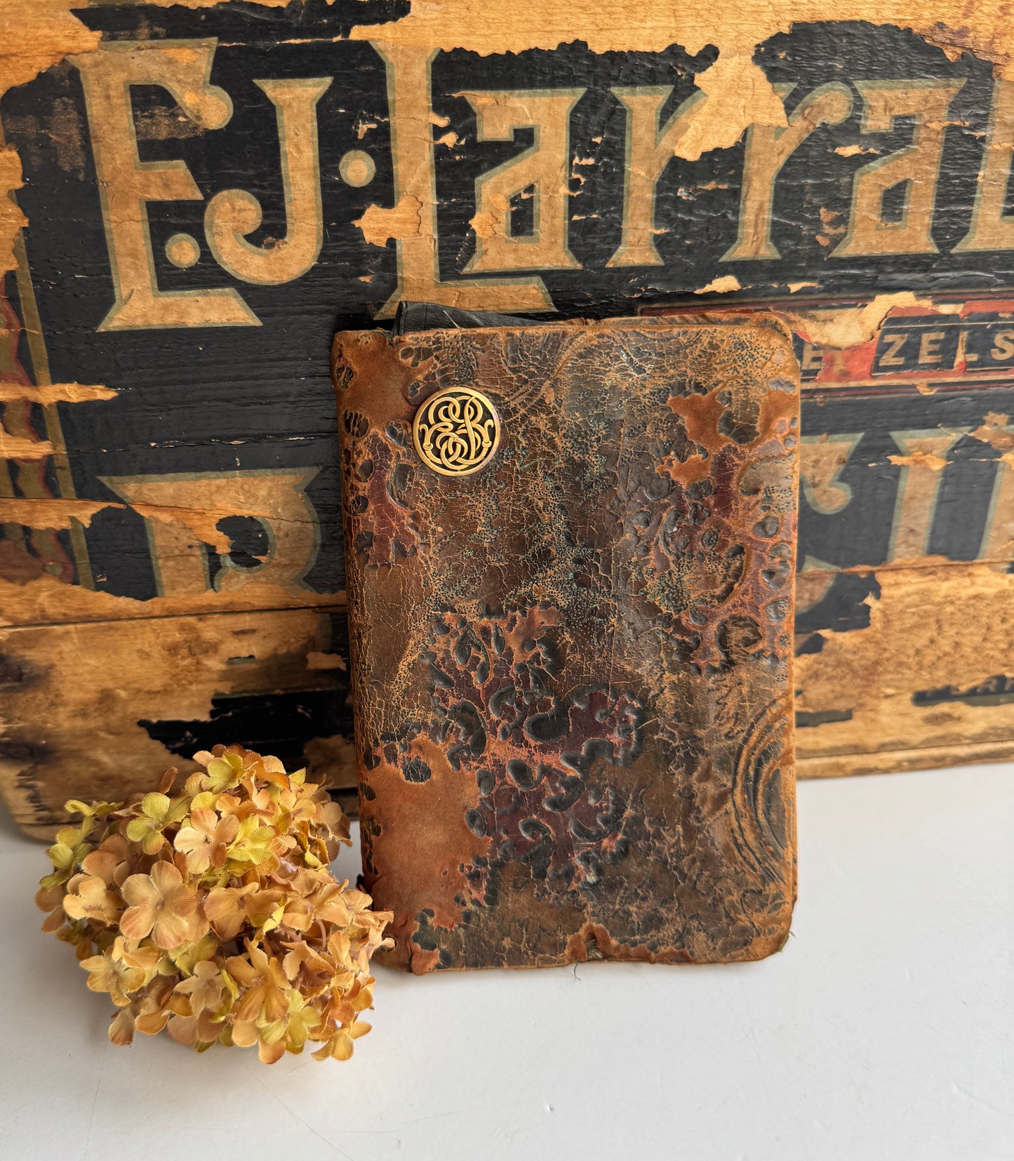 Antique Leather Portfolio Wallet, Letter Holder, Embossed with Monogram