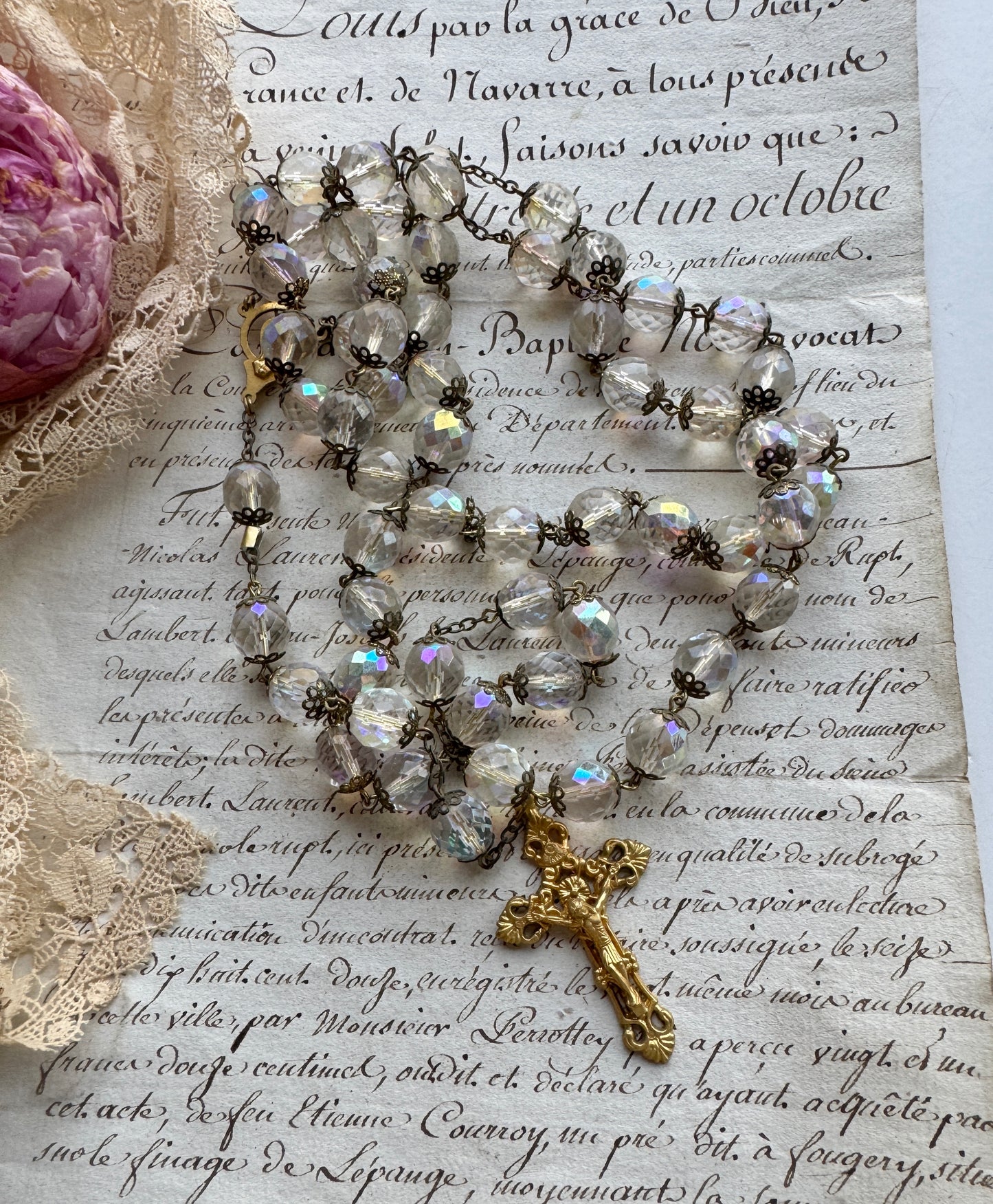 Vintage Italian Rosary with Faceted Beads & Ornate Gold-Tone Crucifix