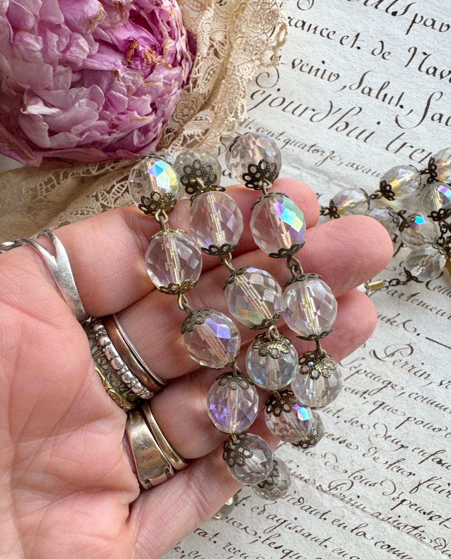 Vintage Italian Rosary with Faceted Beads & Ornate Gold-Tone Crucifix