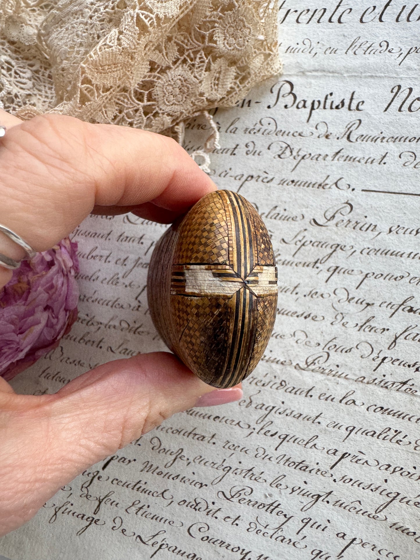 Antique Straw Work Match Vesta Case with Bone Striker- Early 19th Century France