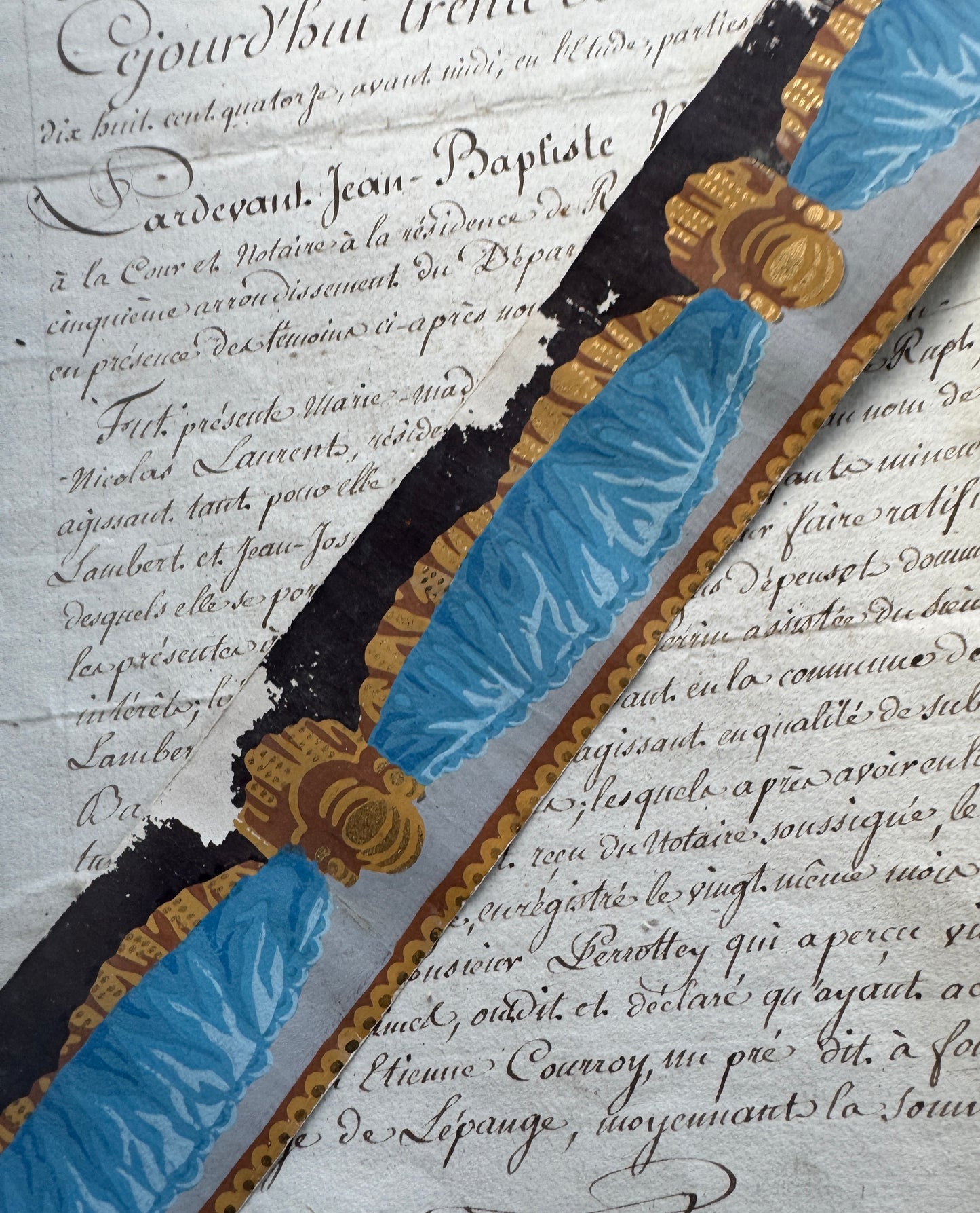 Antique French Hand,Block Wallpaper Border, 1800's Swag Blue & Gold Design