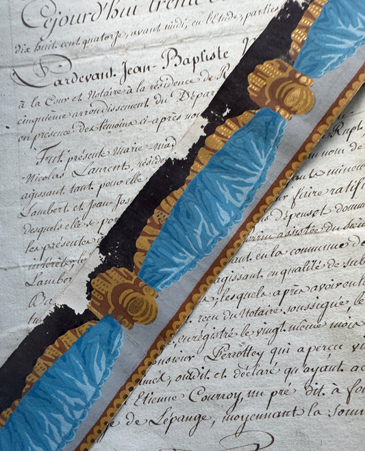 Antique French Hand,Block Wallpaper Border, 1800's Swag Blue & Gold Design