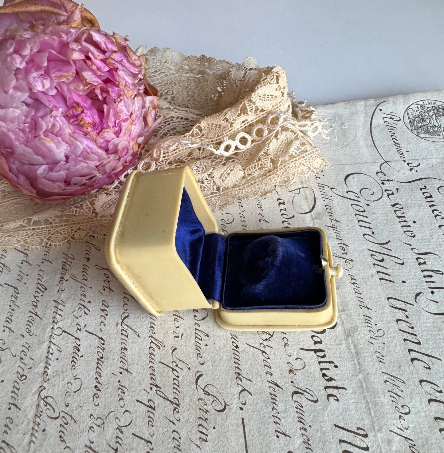 Antique French Jewelers Ring Box, C.F.Binder Strassourg Jeweler, Blue Velvet Interior, Victorian Era Keepsake