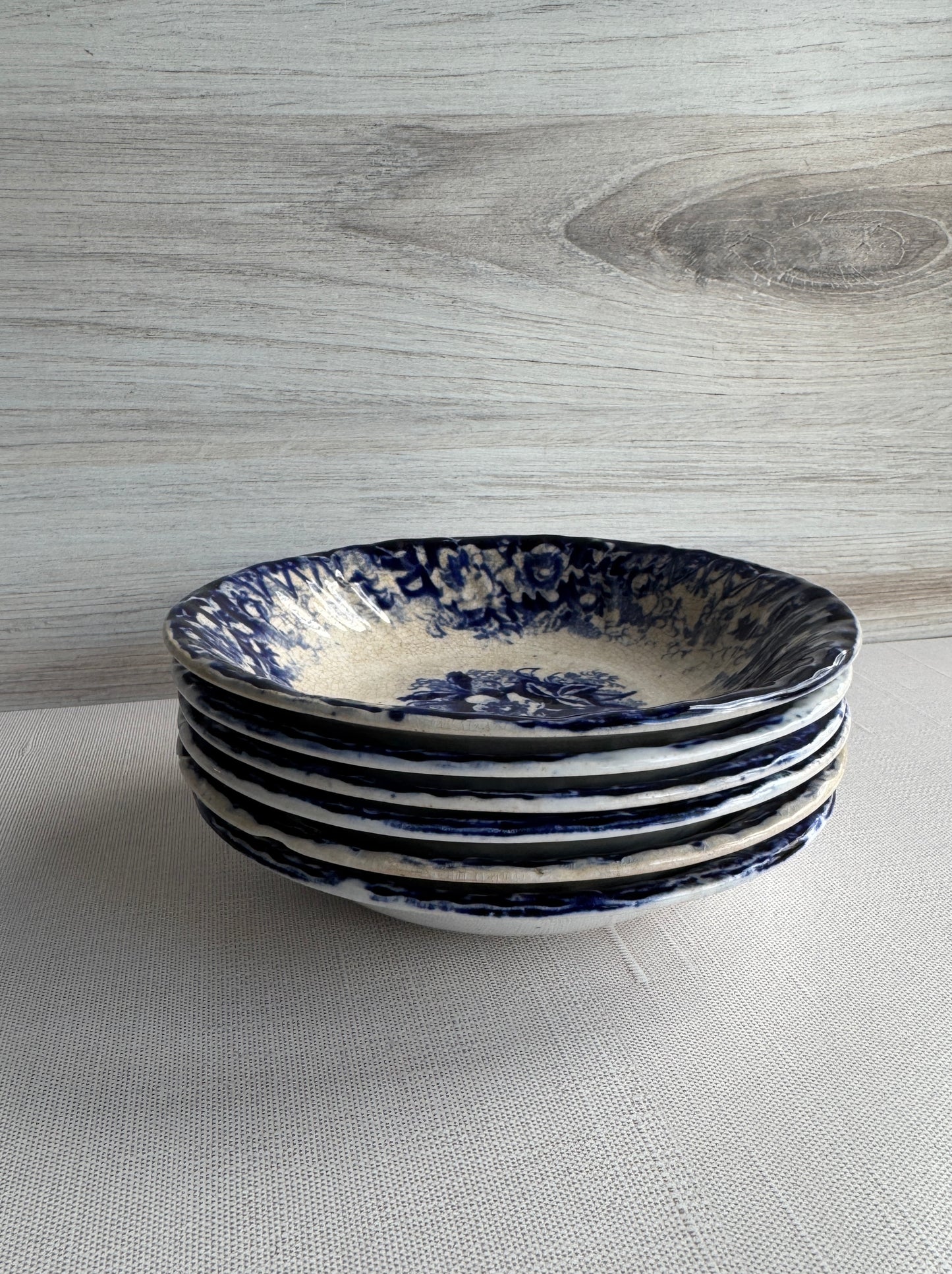 Set of 6 Antique Blue & White Transferware Dishes, Wildrose, Germany