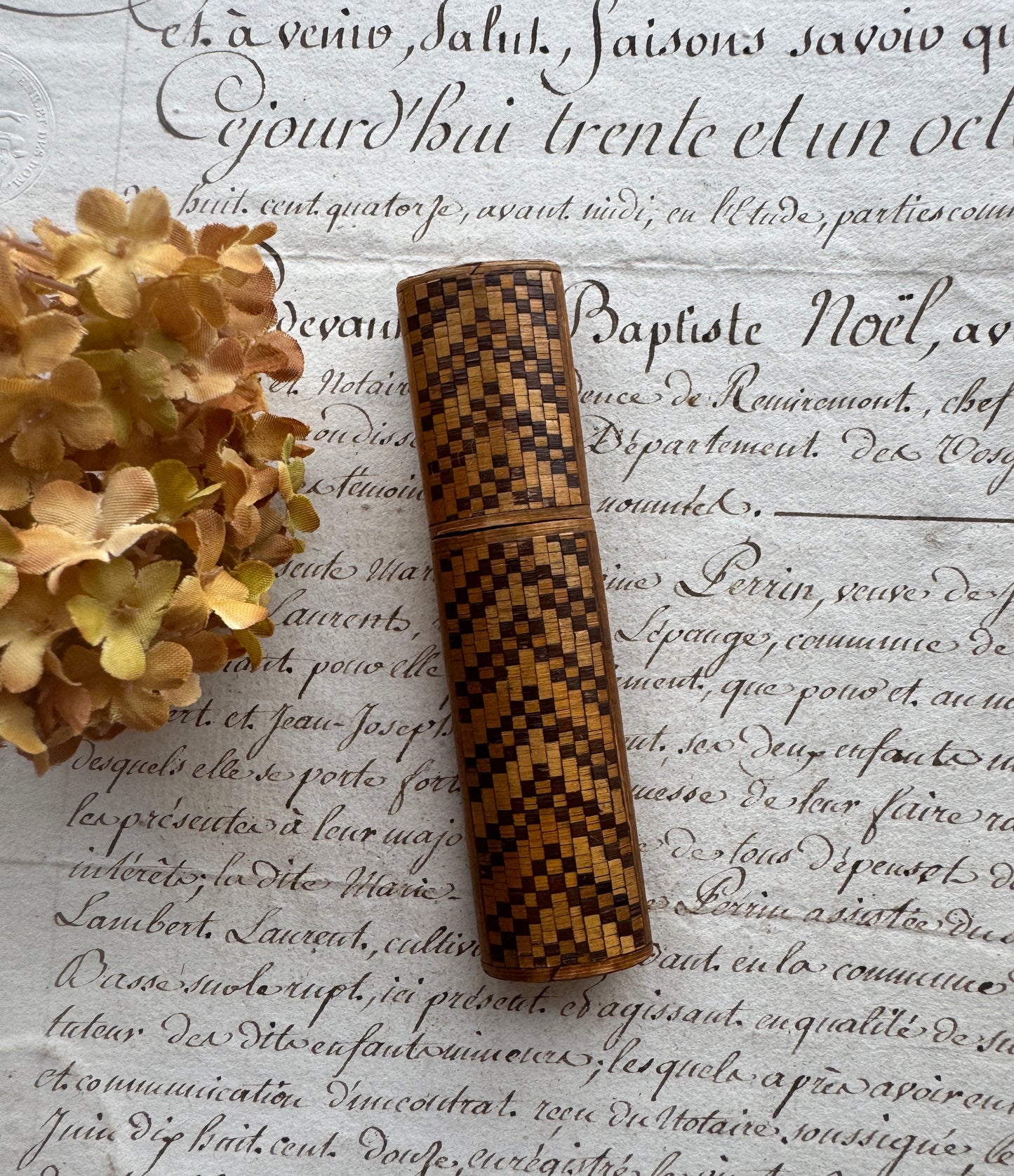 Antique Marquetry Needle Case with Striped Inner Sleeve, French