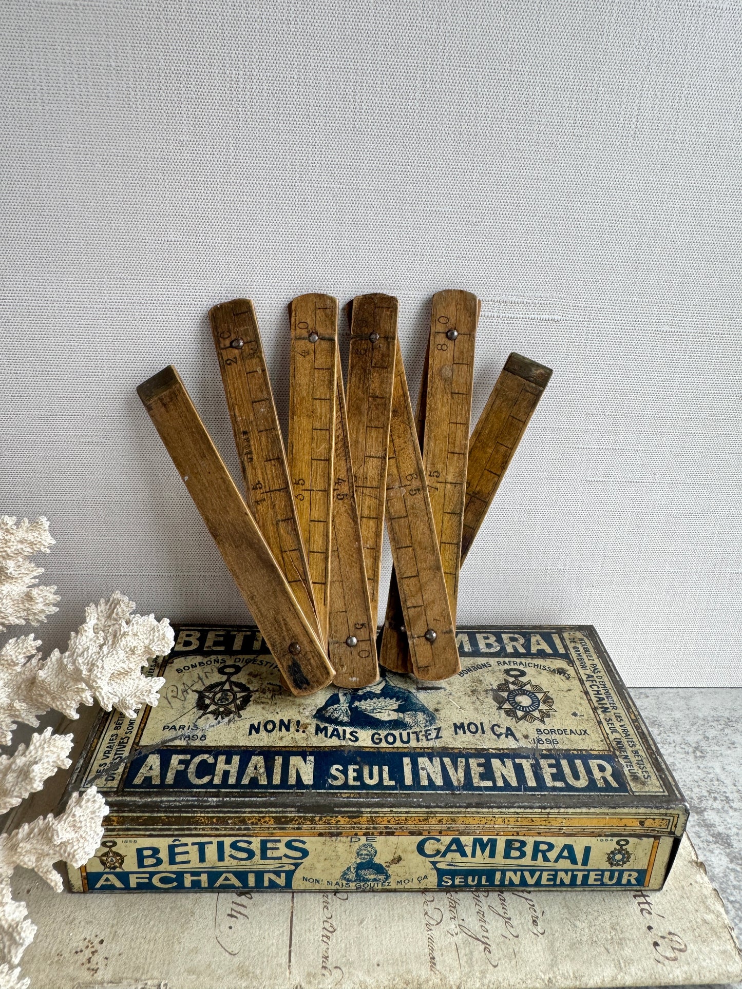 Antique French Wooden Folding Meter Ruler with Patina