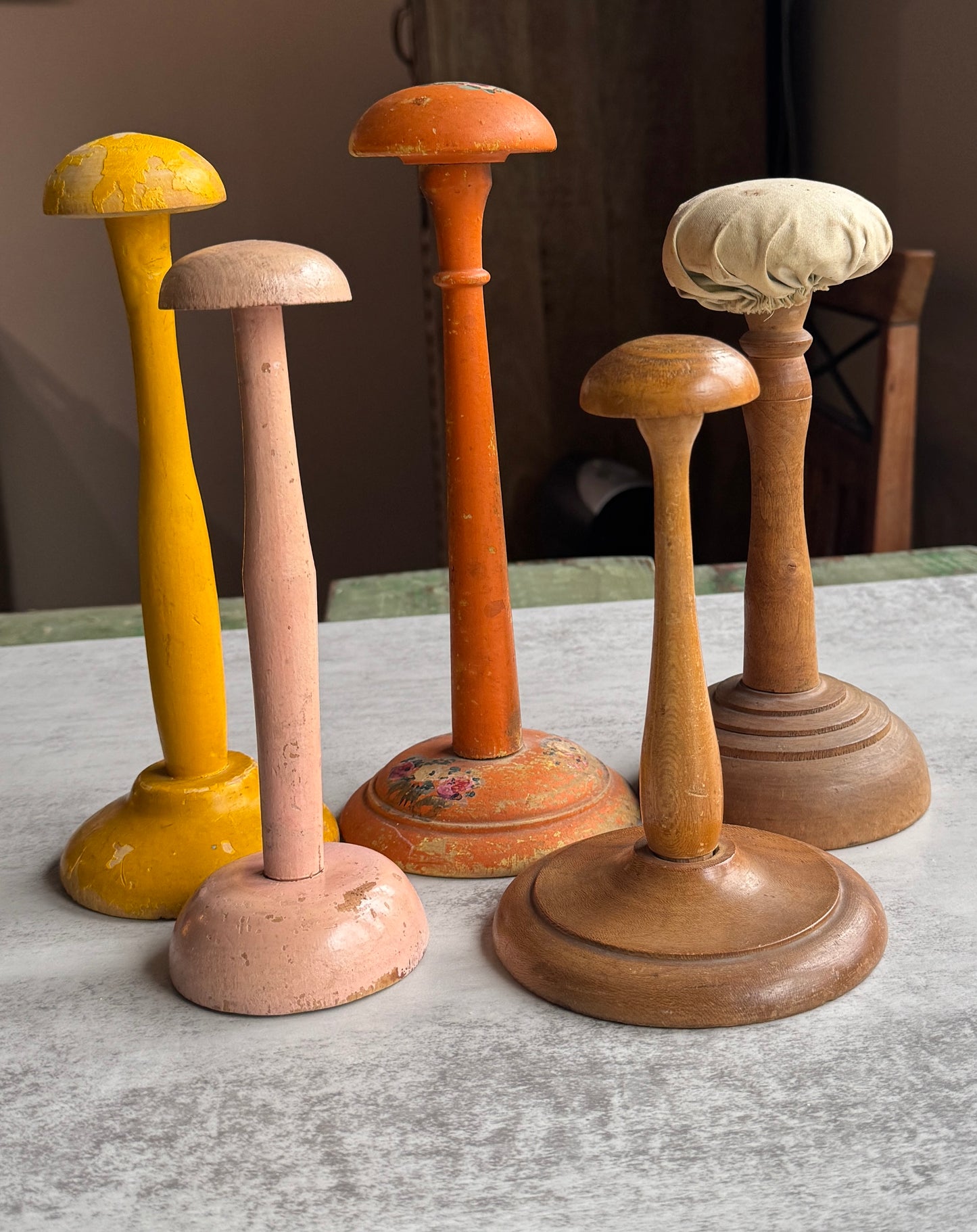 Antique Wooden French Hat Stands, Vintage Millinery Display