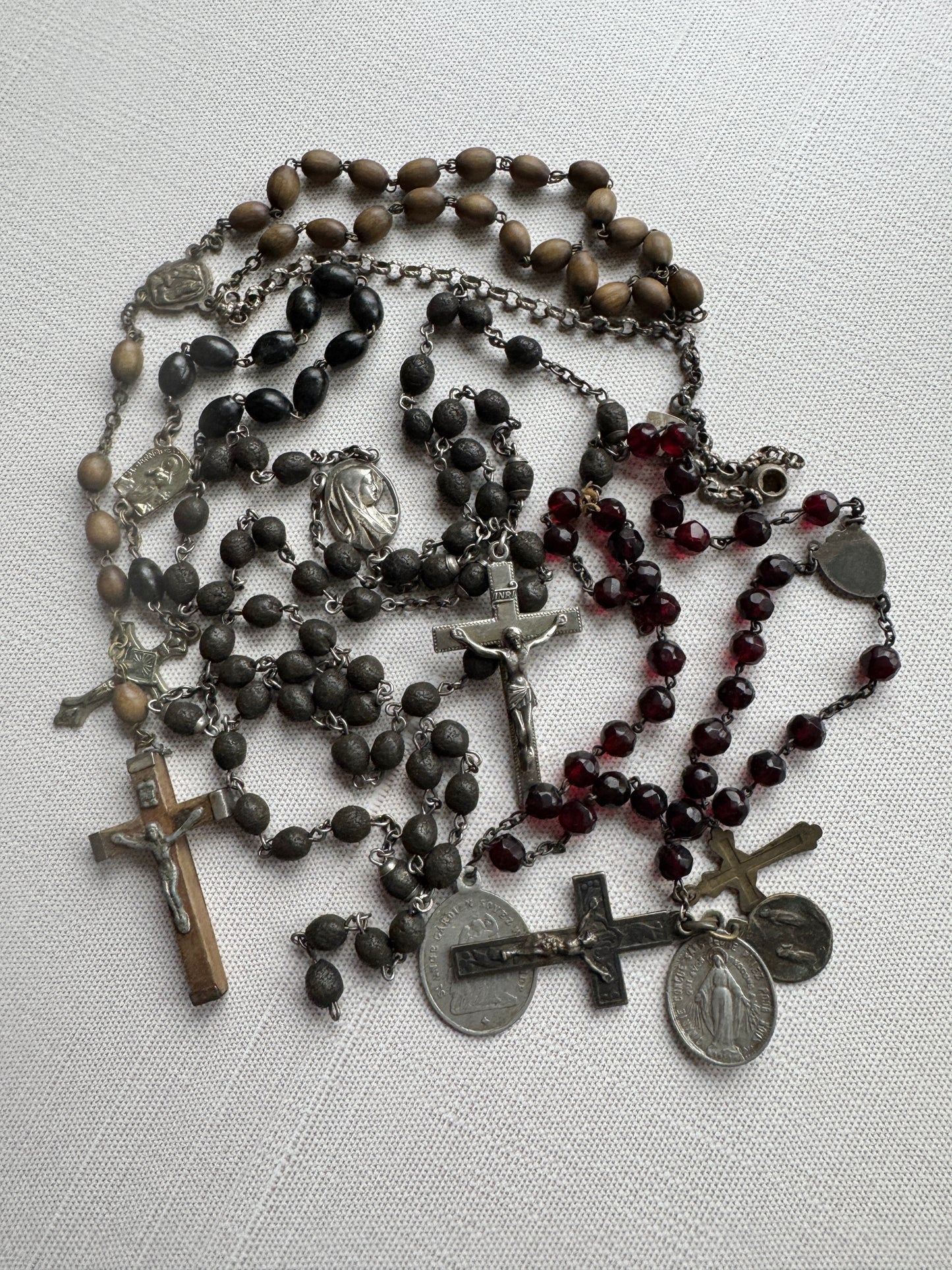 Antique French Rosary Lot with Crucifixes and Religious Medals
