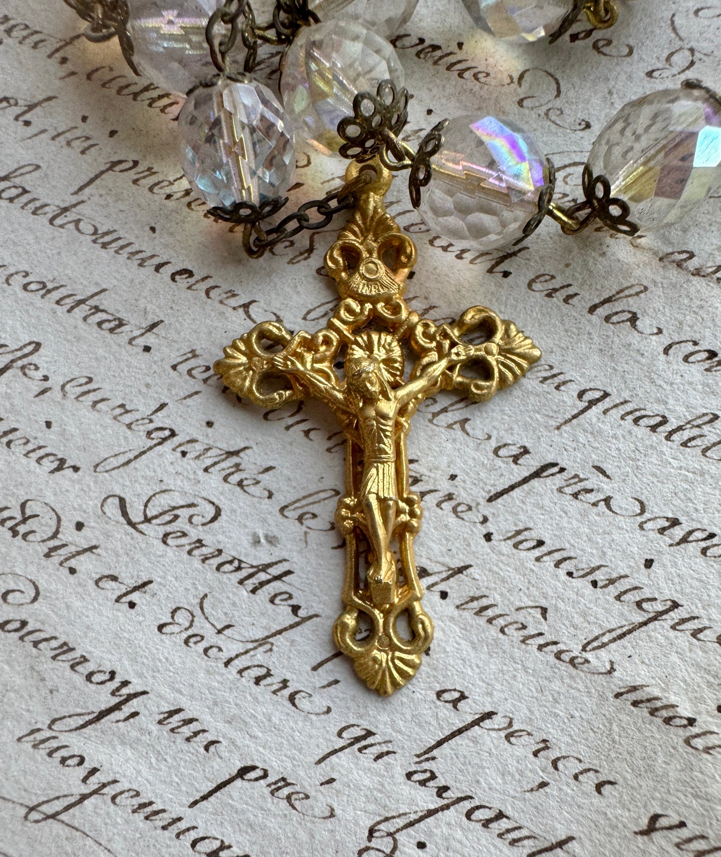 Vintage Italian Rosary with Faceted Beads & Ornate Gold-Tone Crucifix