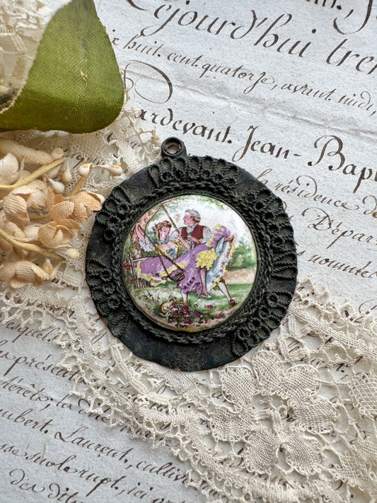 Antique French Pendant with Printed Porcelain Cabochon – Romantic Courting Couple