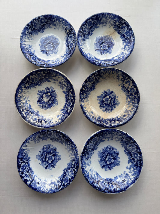 Set of 6 Antique Blue & White Transferware Dishes, Wildrose, Germany