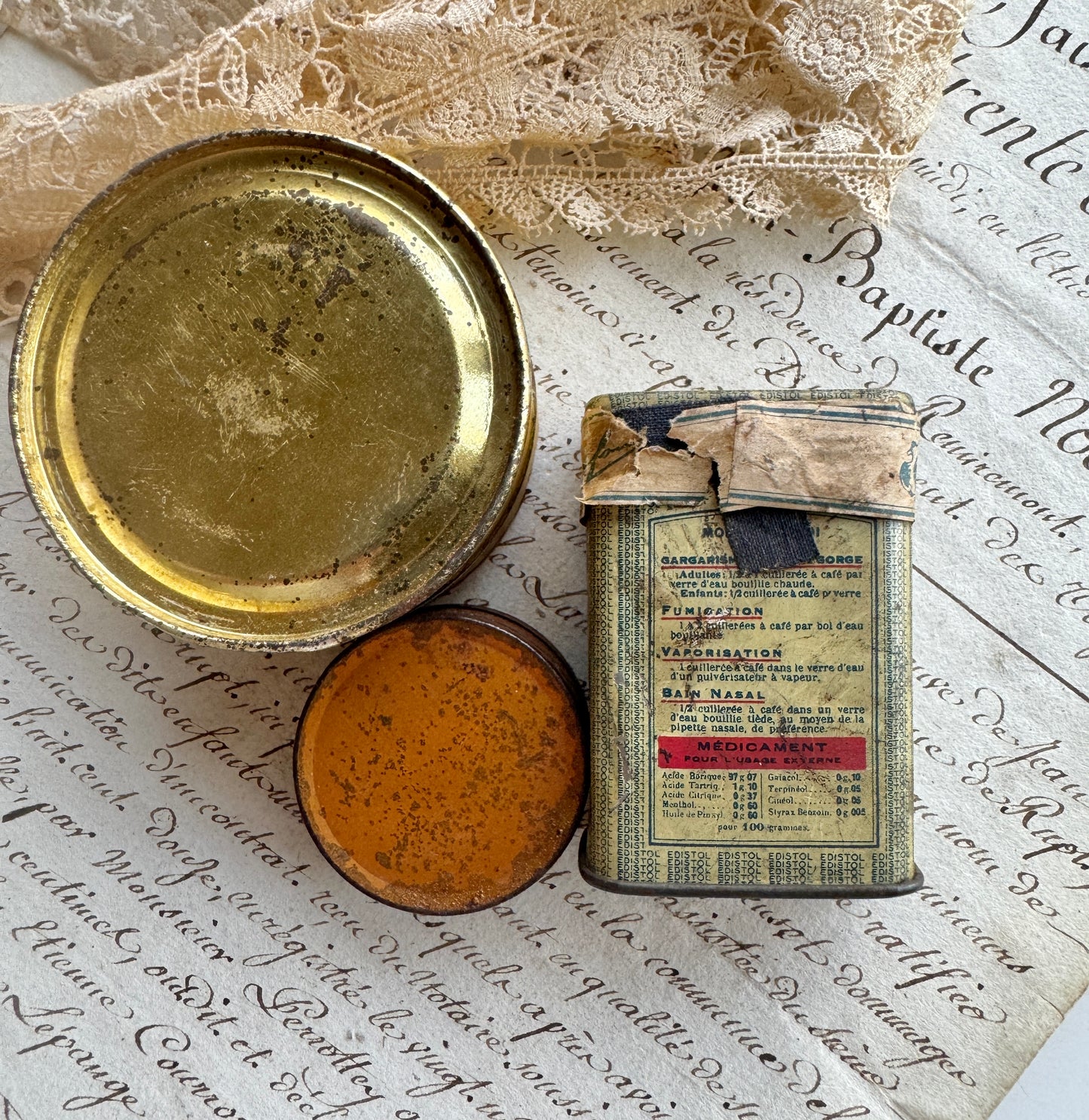 Antique French Tins, Set of 3 Apothecary Collectibles